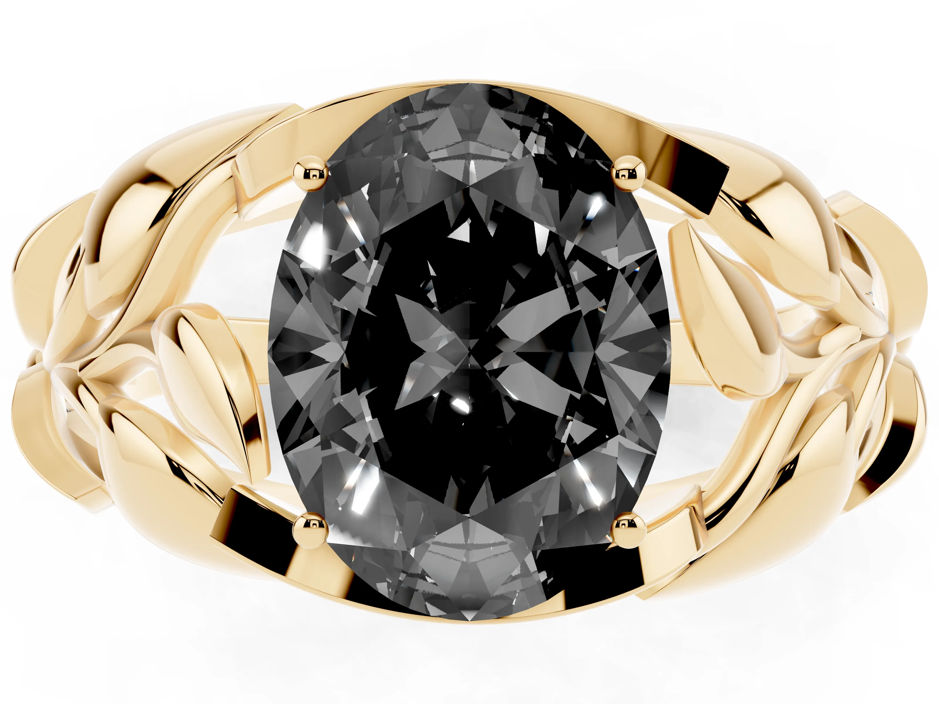 Fancy Black Oval Cut Diamond Leaf-Inspired Engagement Ring Set in Yellow gold with Round Accents