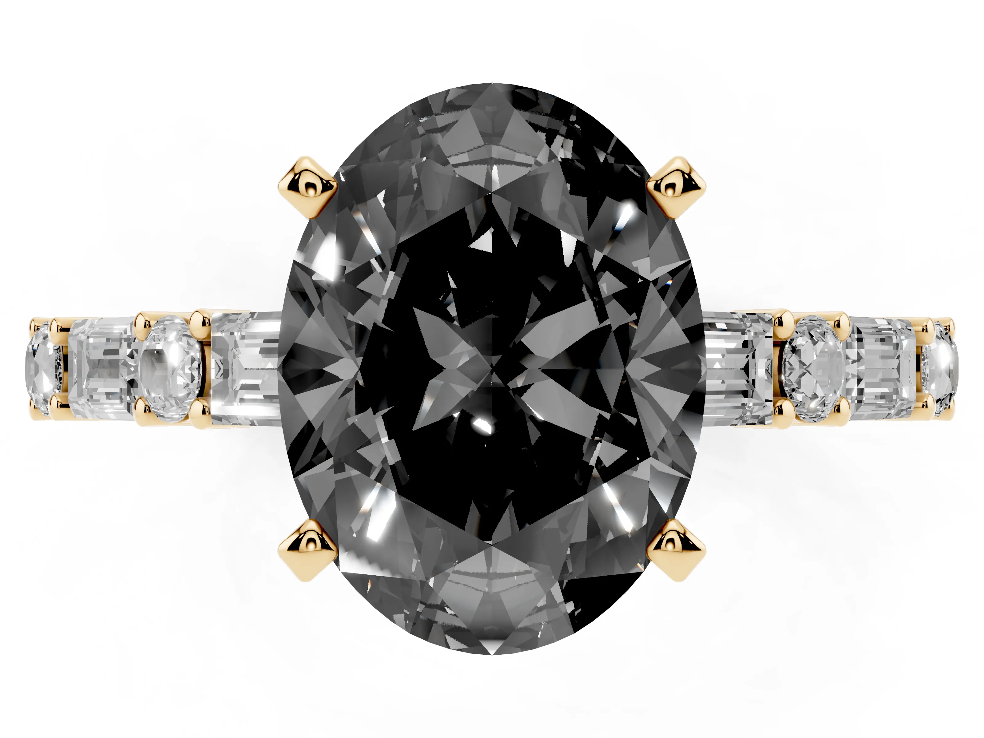 Fancy Black Oval Cut Diamond Solitaire Set in Yellow gold with Side Baguettes and Channel Set Band