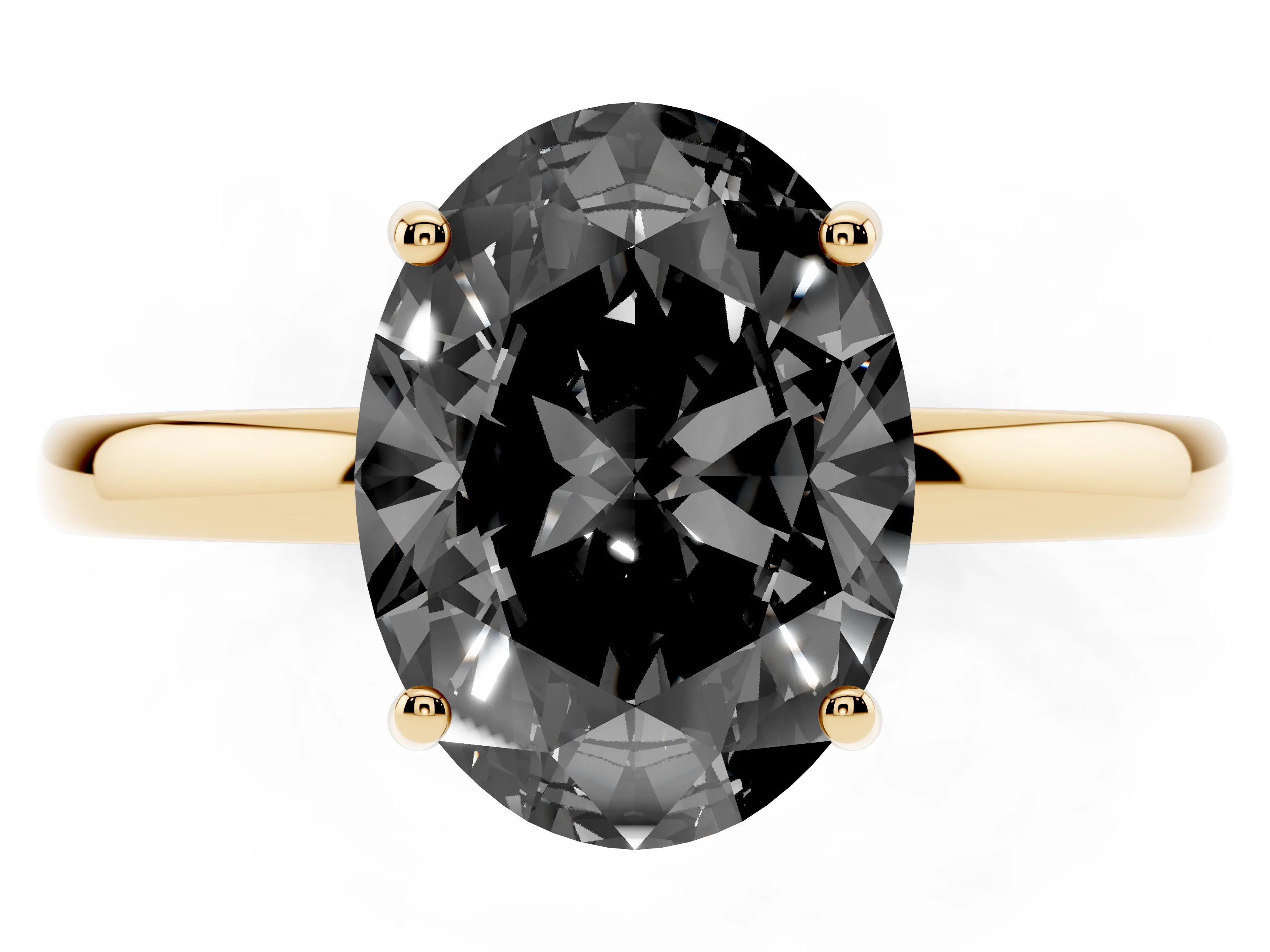 Fancy Black Oval Cut Diamond Solitaire Ring Set in Yellow gold with Plain Band and Prong Setting