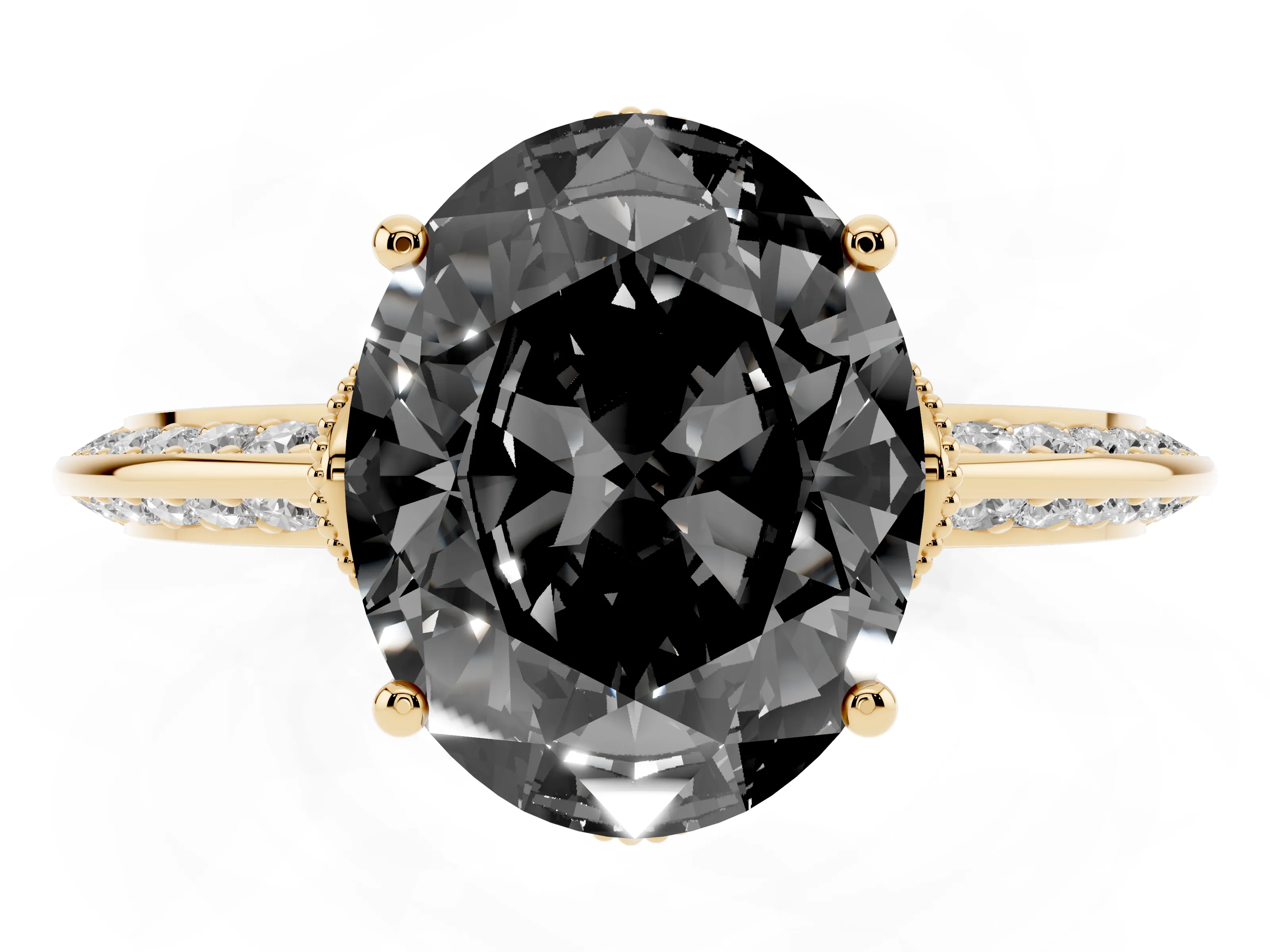 Fancy Black Oval Cut Diamond Solitaire Engagement Ring Set in Yellow gold with Pavé Split Shank and Prong Setting