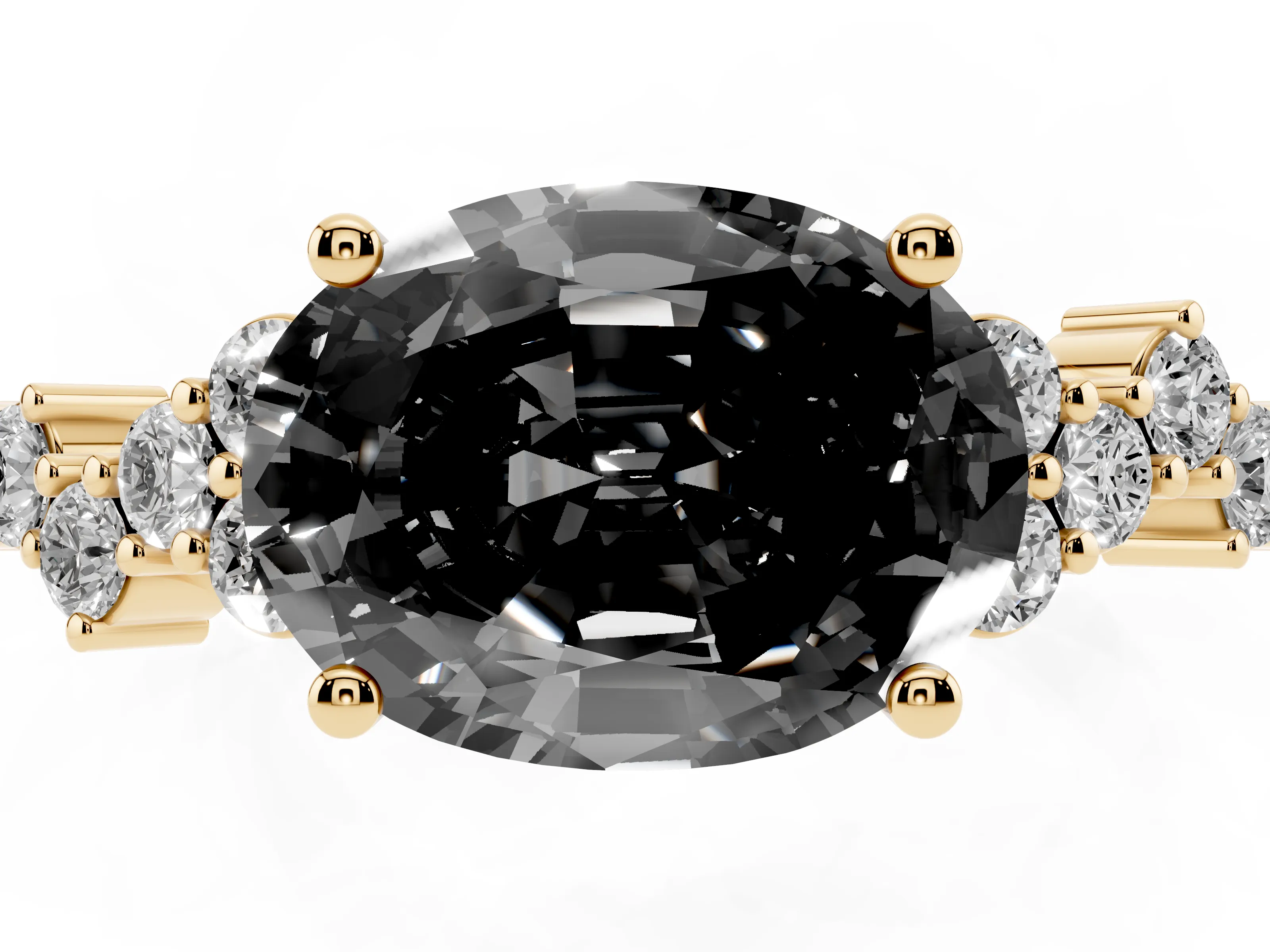 Fancy Black Oval Cut Diamond Ring Set in Yellow gold with Scattered Round Accents