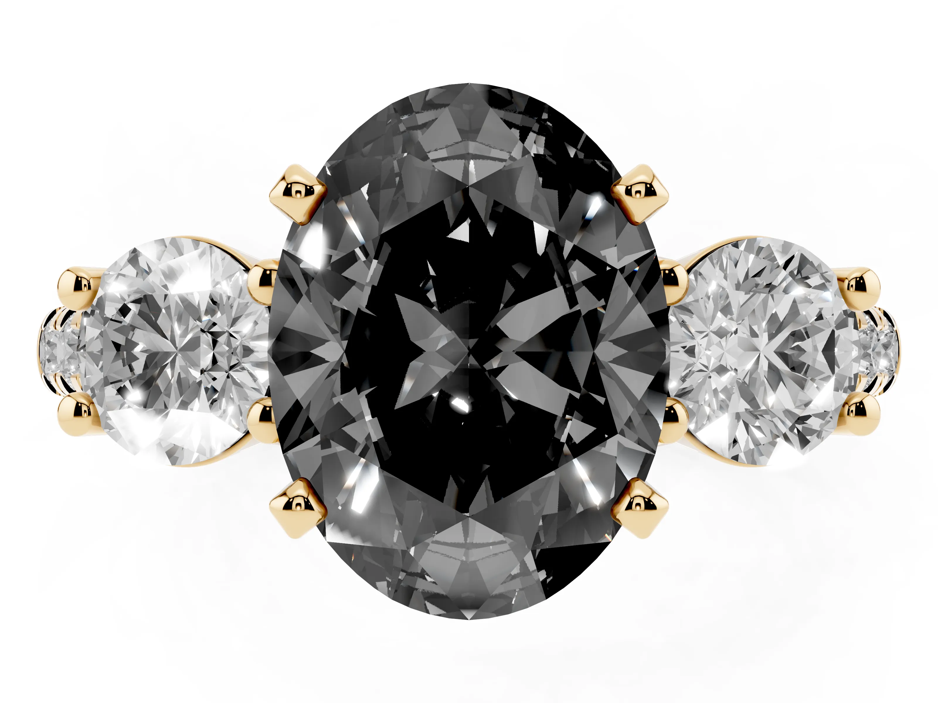Fancy Black Three-Stone Oval Cut Diamond Pavé Band Ring Set in Yellow gold with Prong-Set Trio