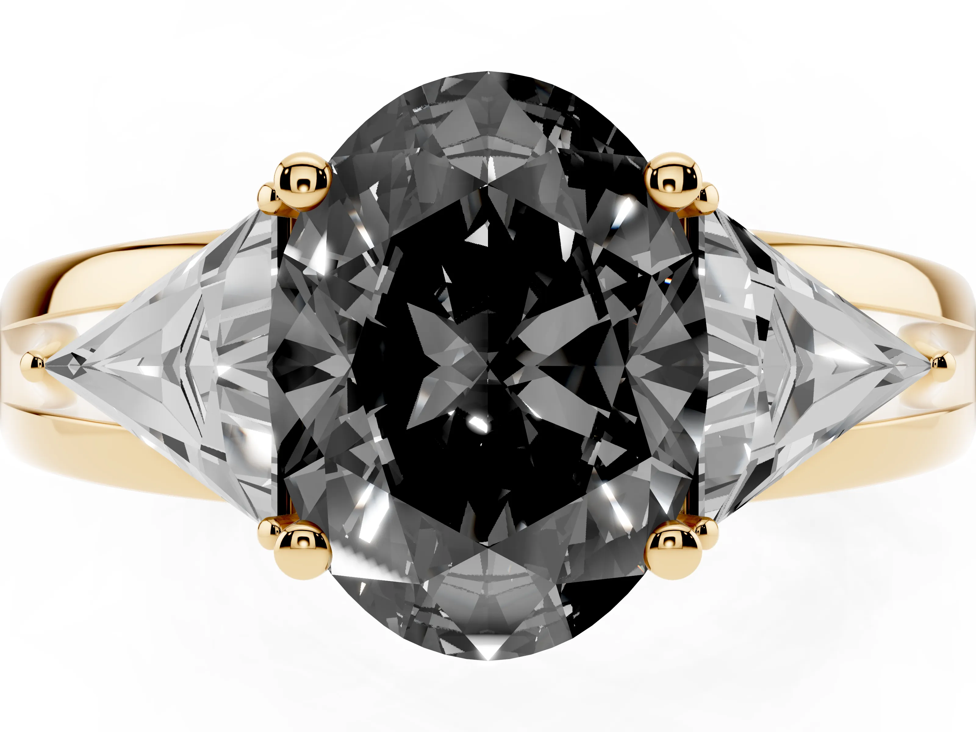 Fancy Black Oval Cut Diamond Three-Stone Ring Set in Yellow gold with Trillion Side Stones and Split Shank