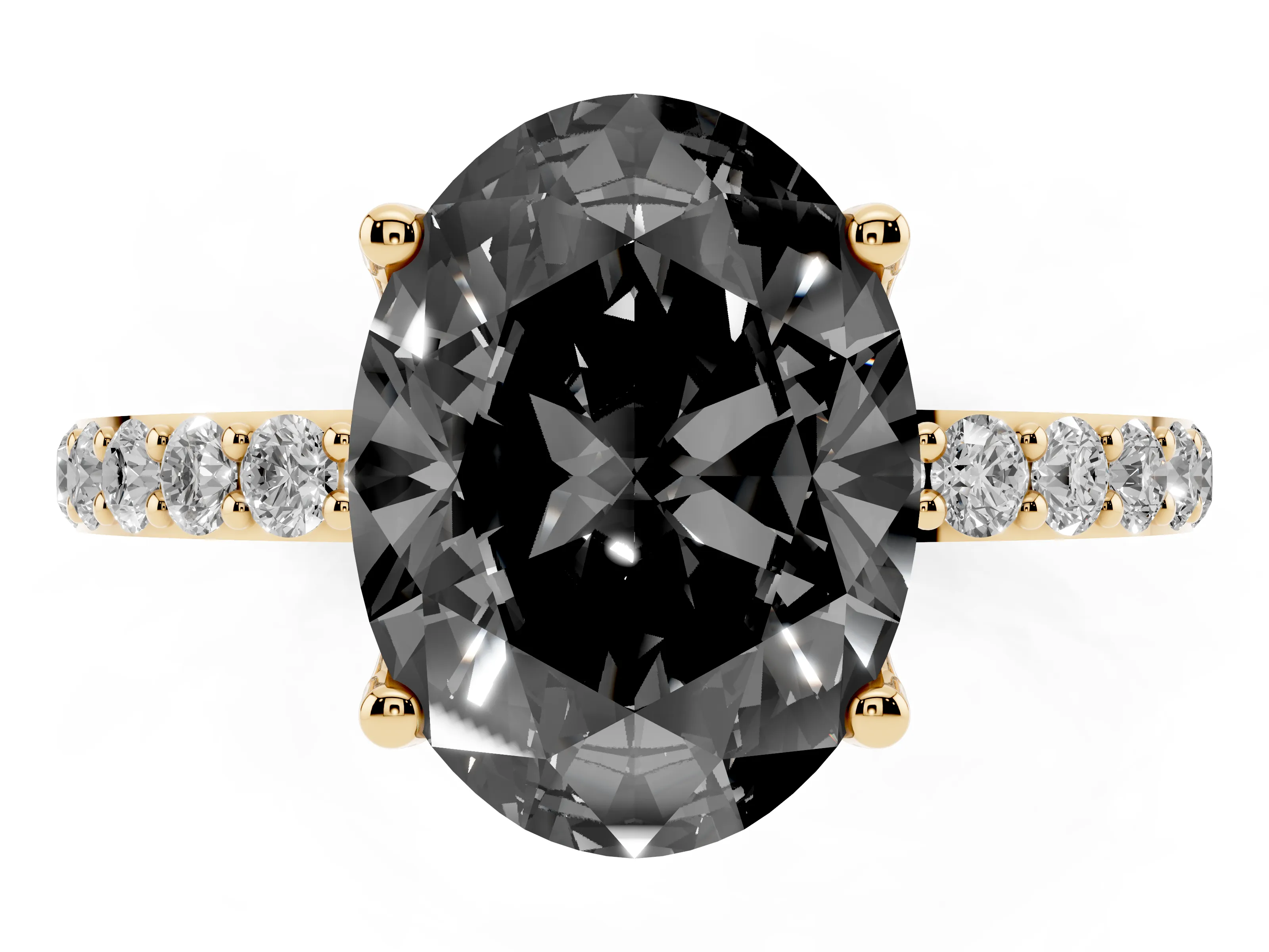 Fancy Black Oval Cut Diamond Solitaire Engagement Ring Set in Yellow gold with Round Pavé Band and Prong Setting