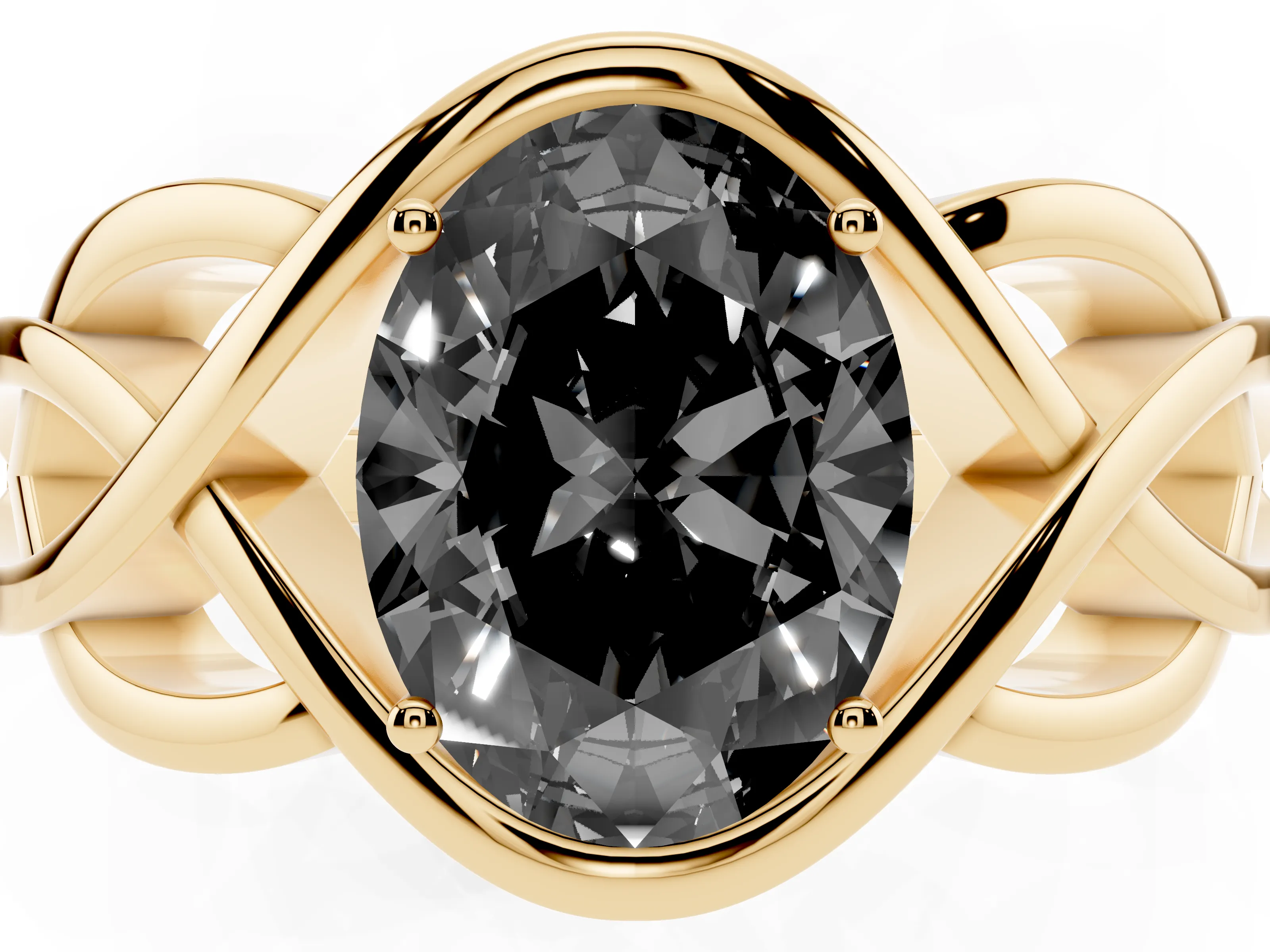 Fancy Black Oval Cut Diamond Solitaire Ring Set in Yellow gold with Intertwined Band
