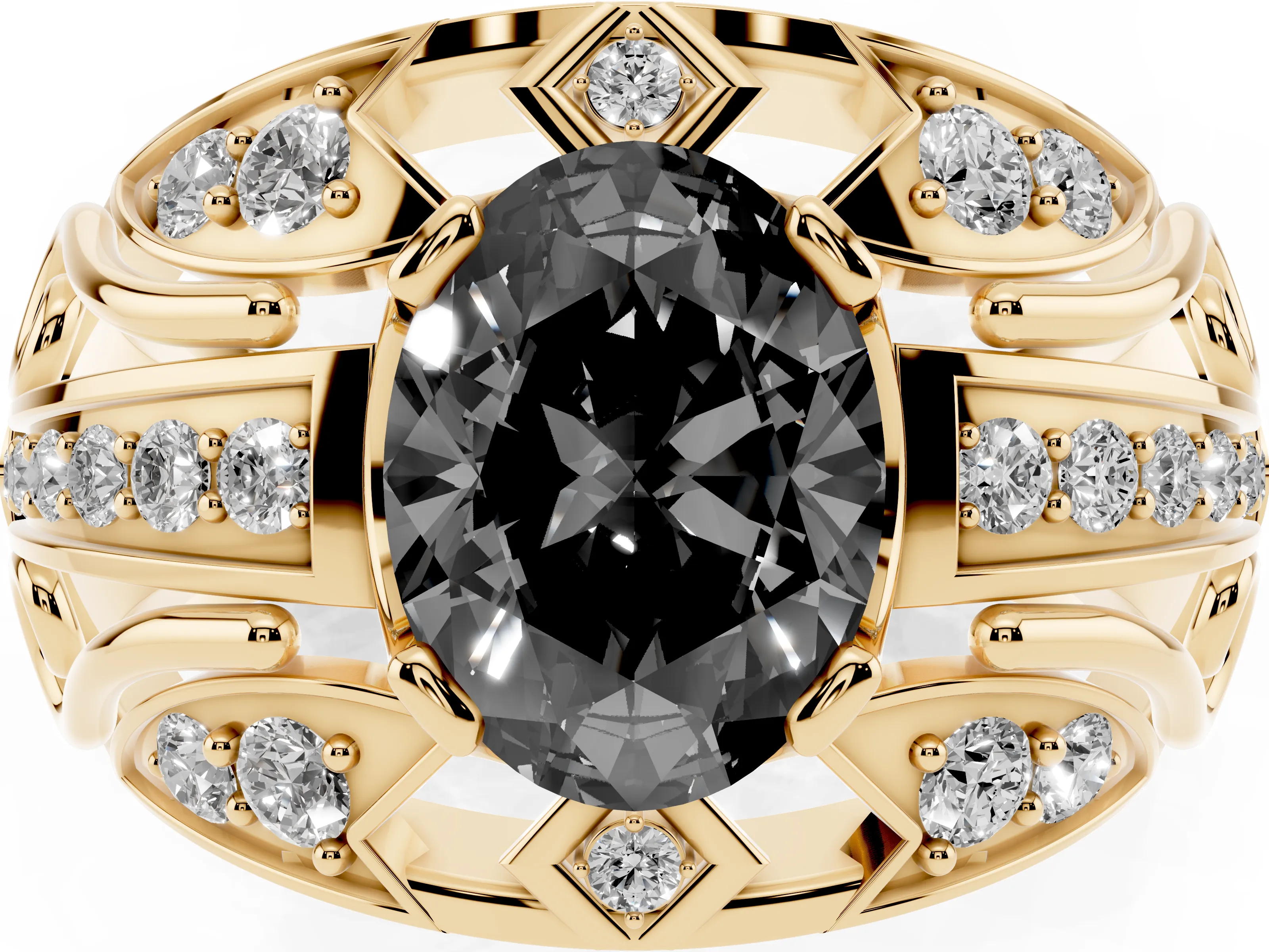 Fancy Black Oval Cut Diamond Art Deco Ring Set in Yellow gold with Pavé Split Shank