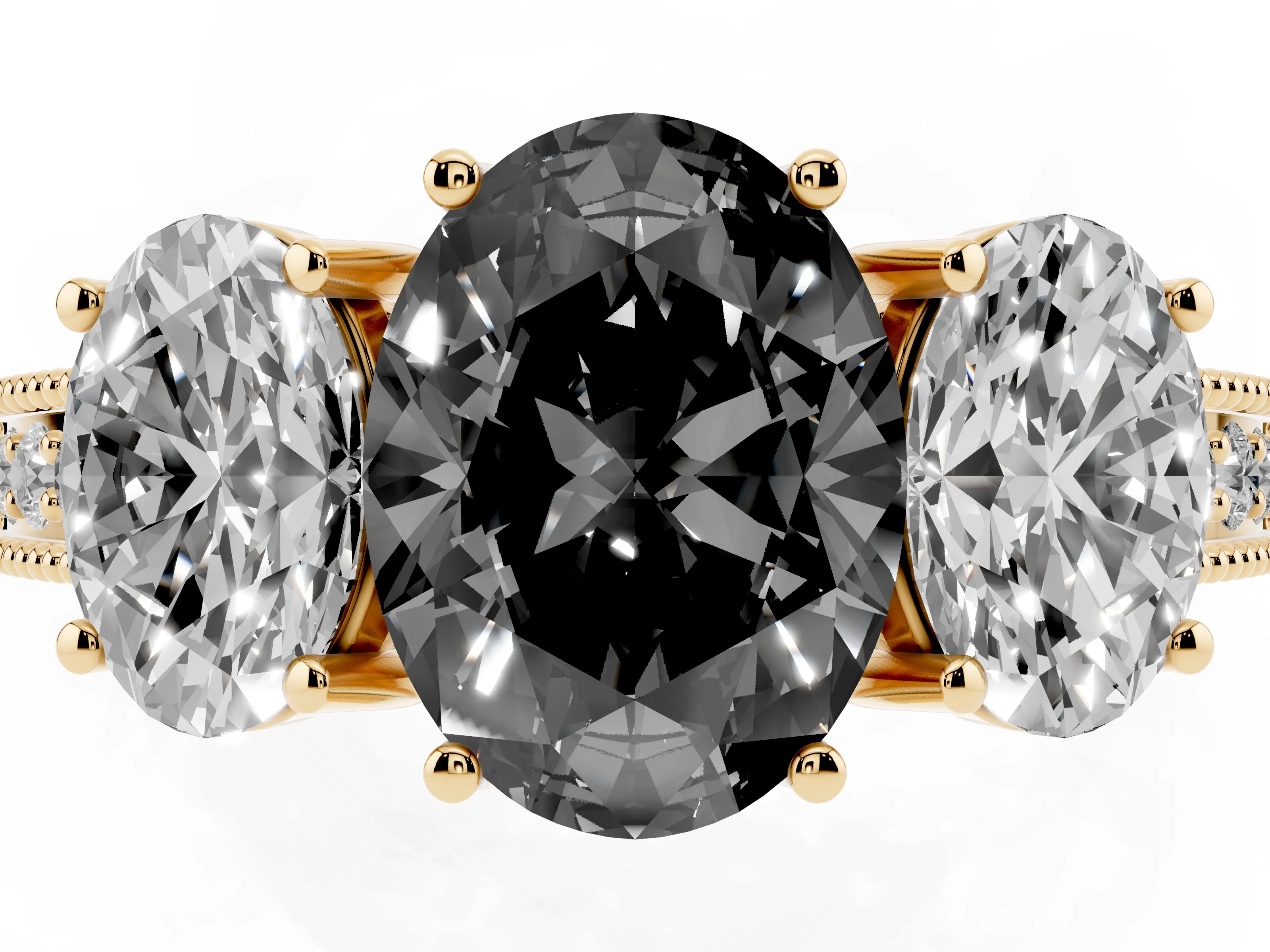 Fancy Black Oval Cut Diamond Three-Stone Engagement Ring Set in Yellow gold with Milgrain Pavé Band