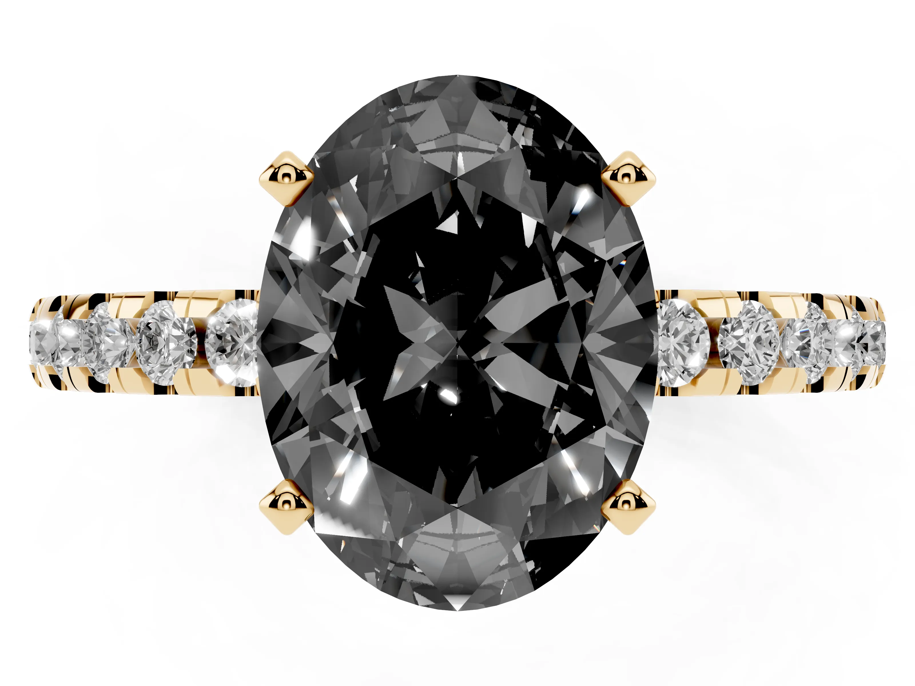 Fancy Black Oval Cut Diamond Pavé Solitaire Ring Set in Yellow gold with Round Band Accents and Prong Setting