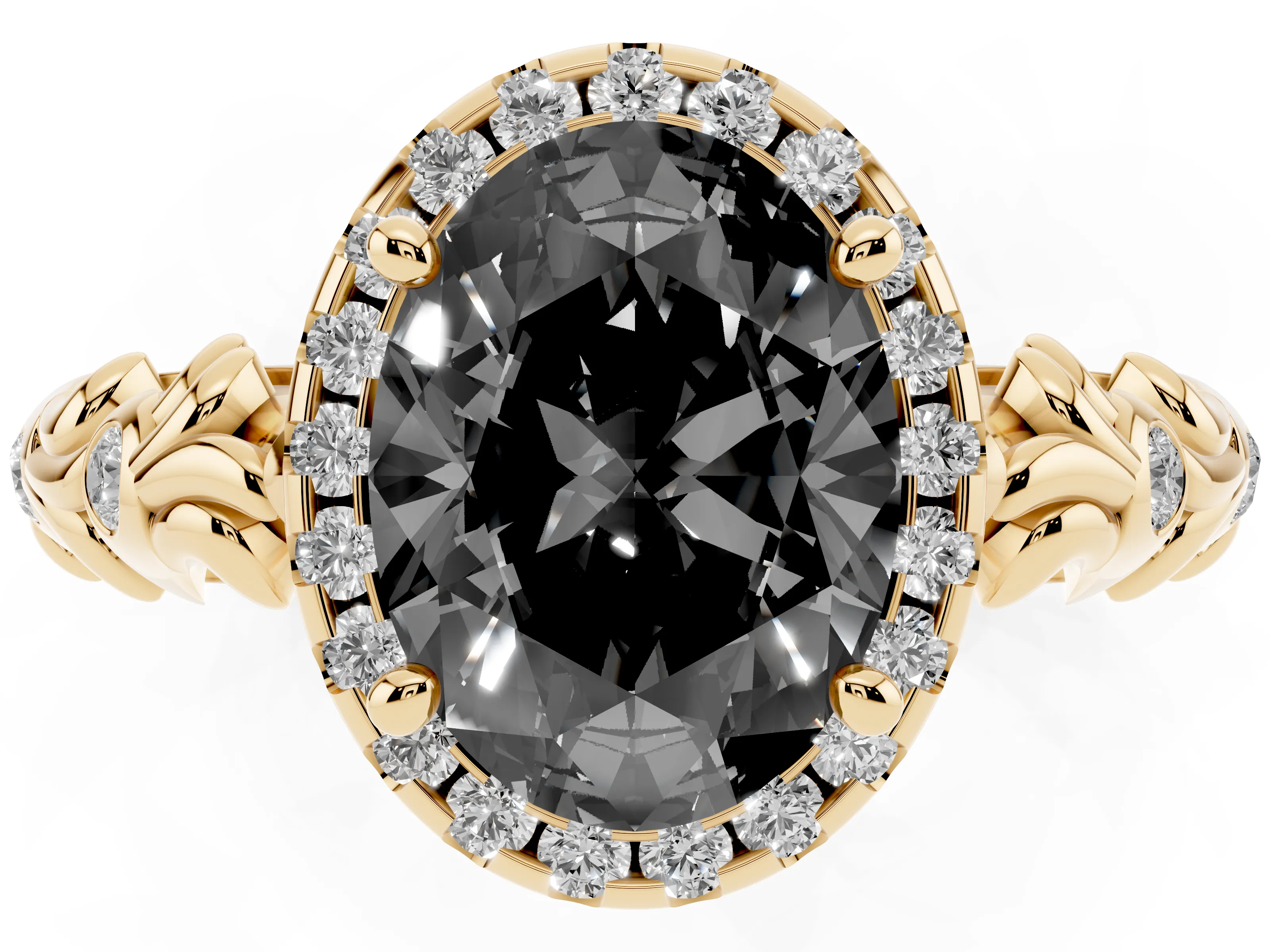 Fancy Black Oval Cut Diamond Halo Ring Set in Yellow gold with Filigree Leaf Band and Prong Setting