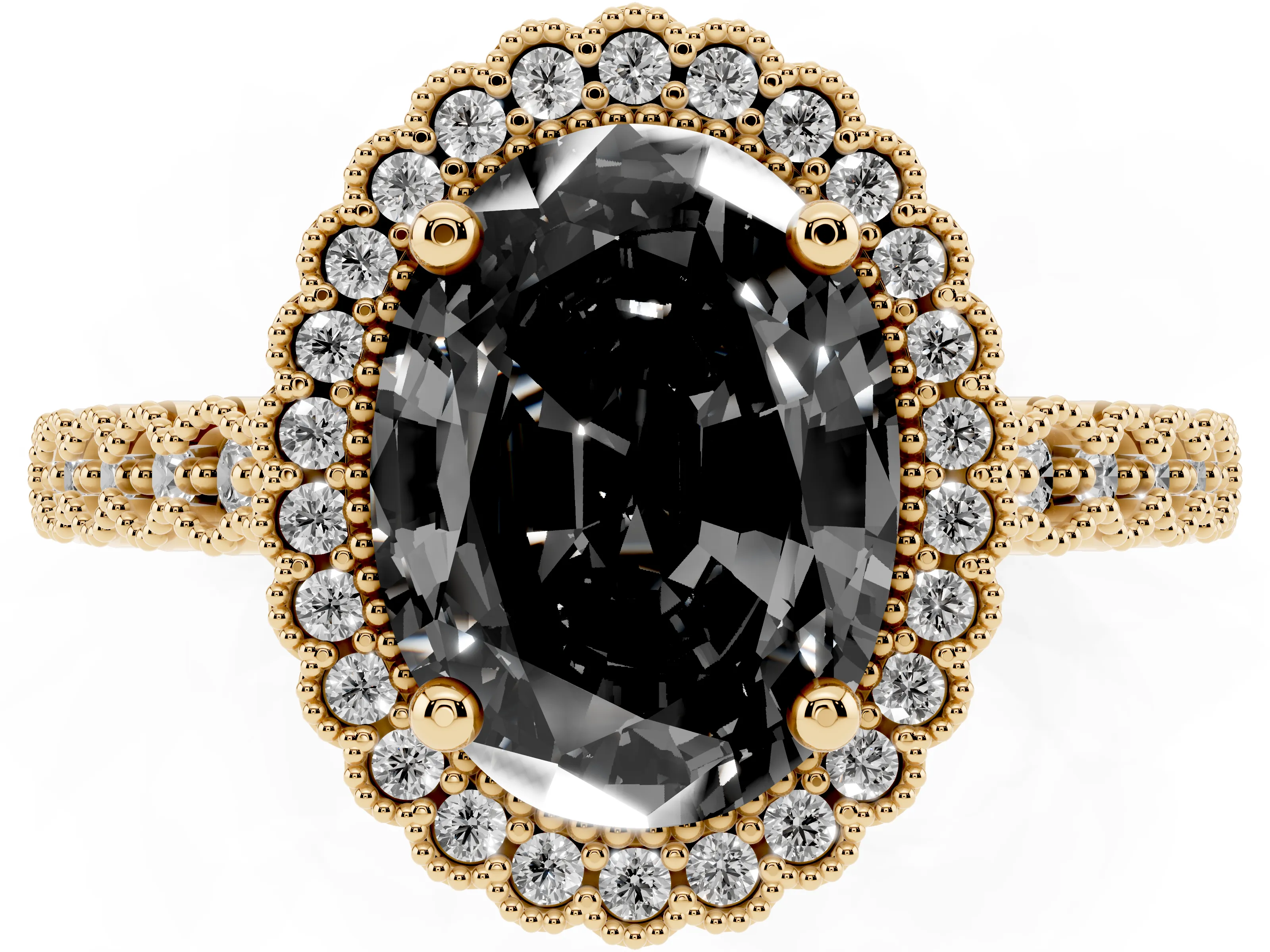Fancy Black Oval Cut Diamond Halo Ring Set in Yellow gold with Pavé Milgrain Band