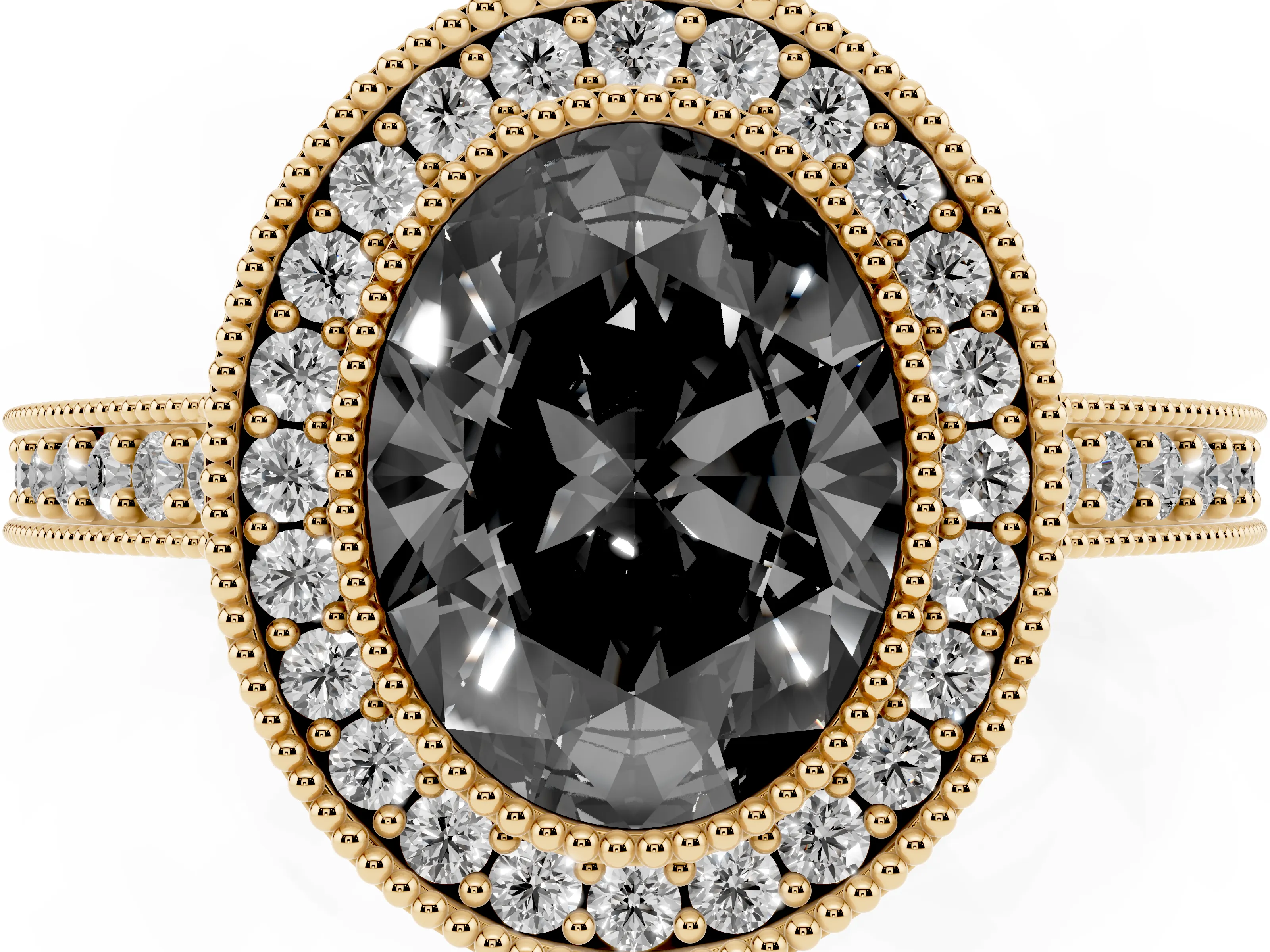 Fancy Black Oval Cut Diamond Halo Engagement Ring Set in Yellow gold with Pavé Band and Round Halo Stones