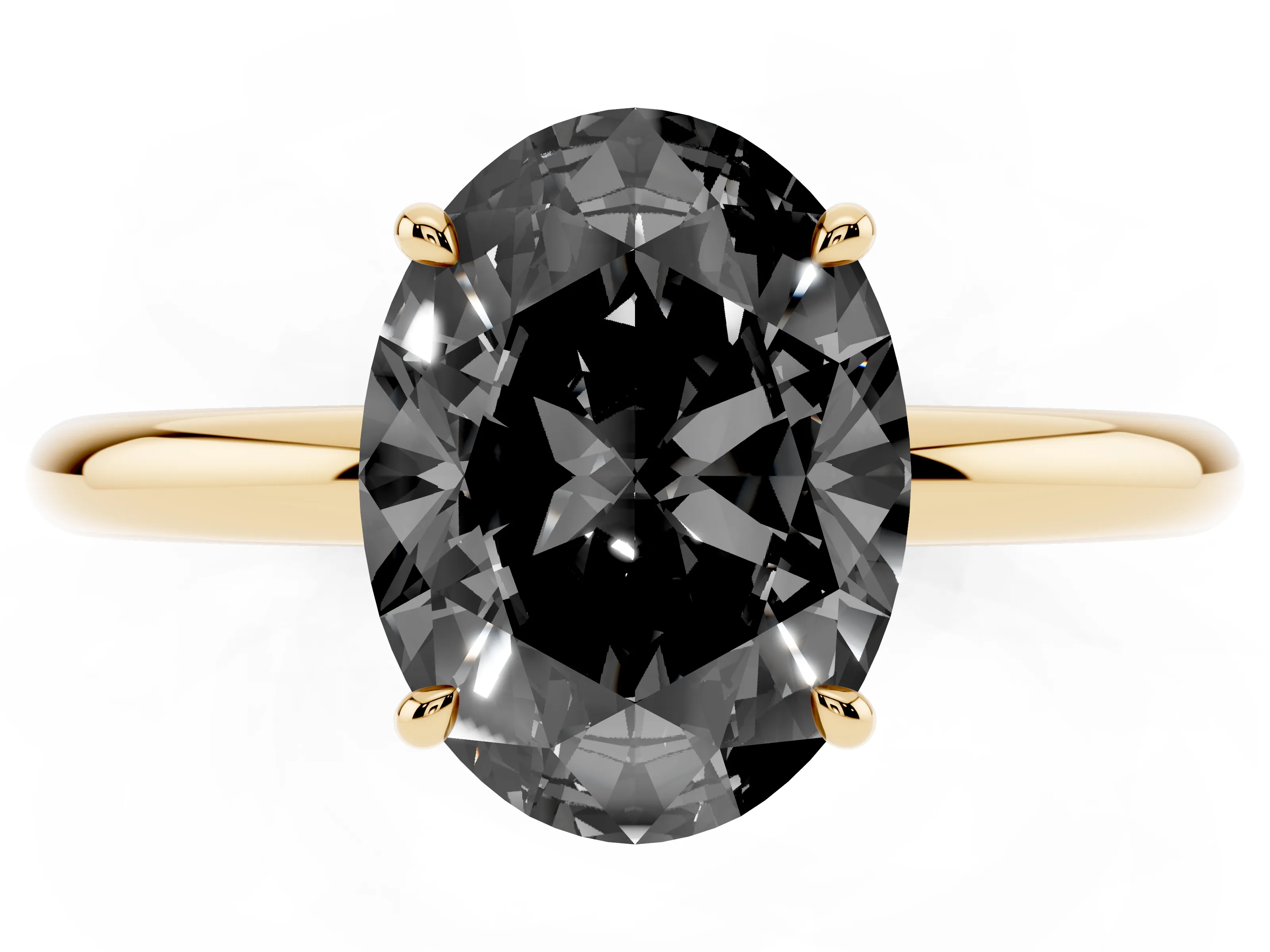 Fancy Black Oval Cut Diamond Solitaire Ring Set in Yellow gold with Thin Band and Prong Setting