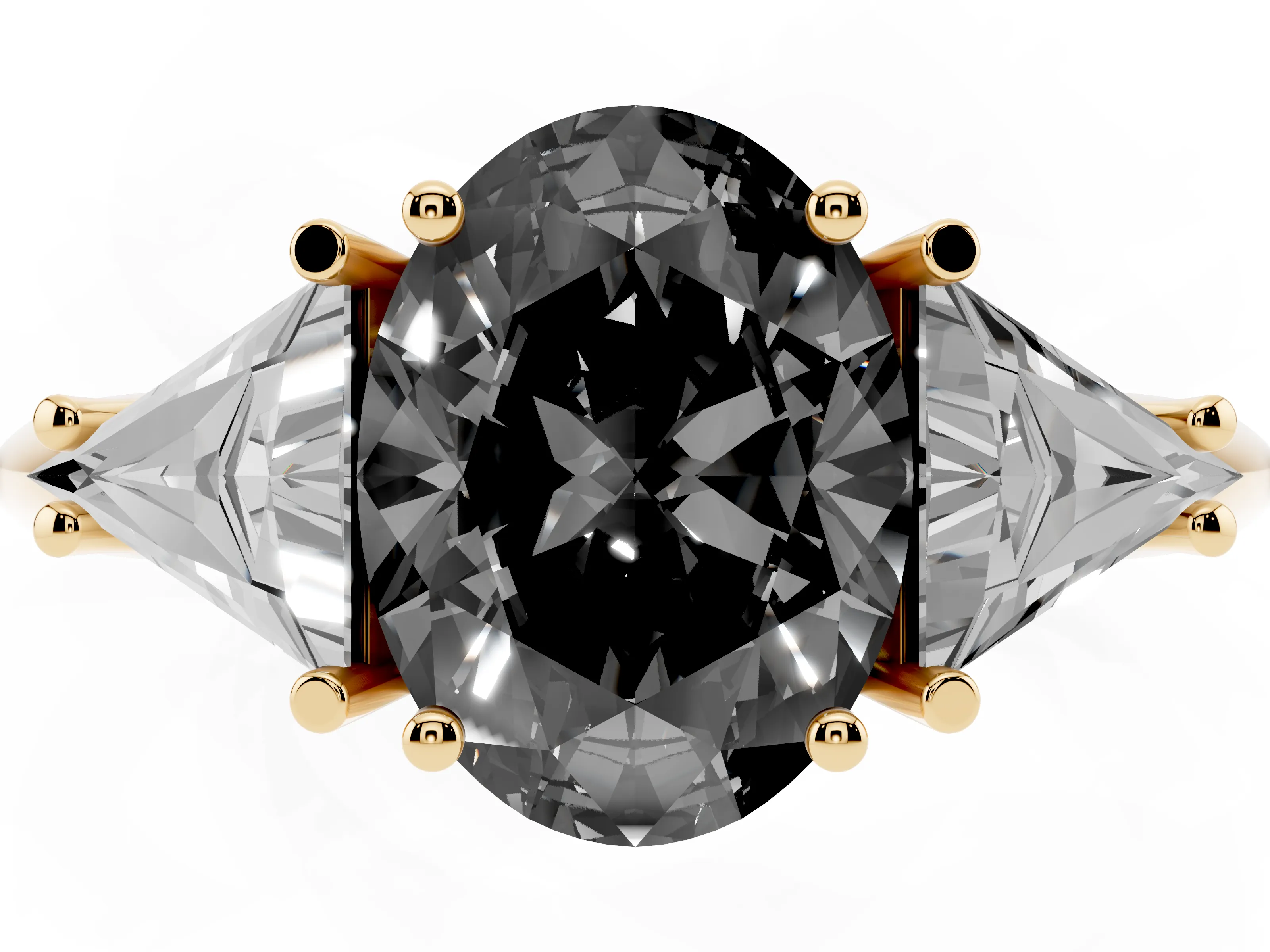 Fancy Black Oval Cut Diamond Three-Stone Engagement Ring Set in Yellow gold with Trillion Side Stones