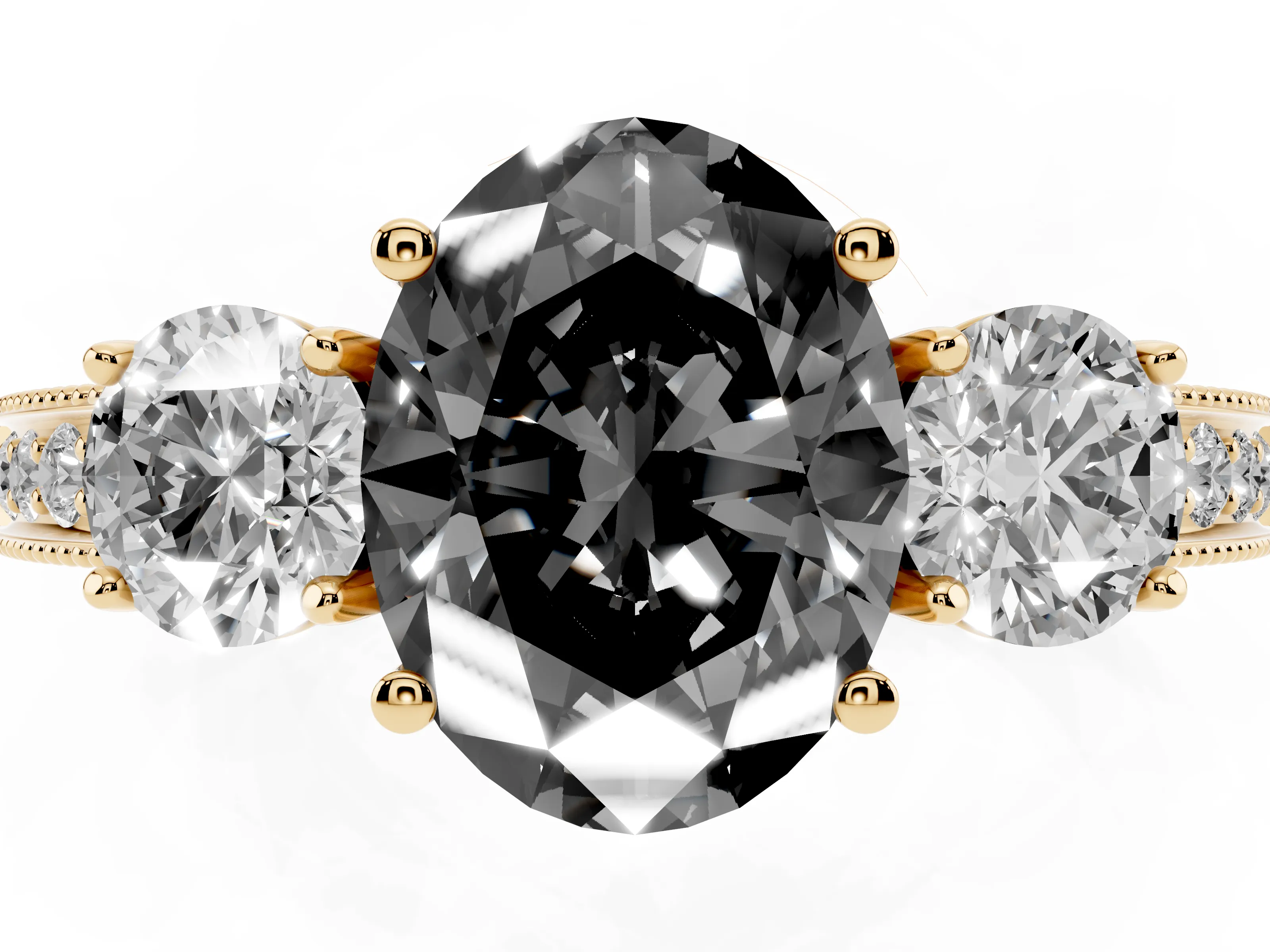 Fancy Black Oval Cut Diamond Three-Stone Ring Set in Yellow gold with Round Side Stones and Pavé Band