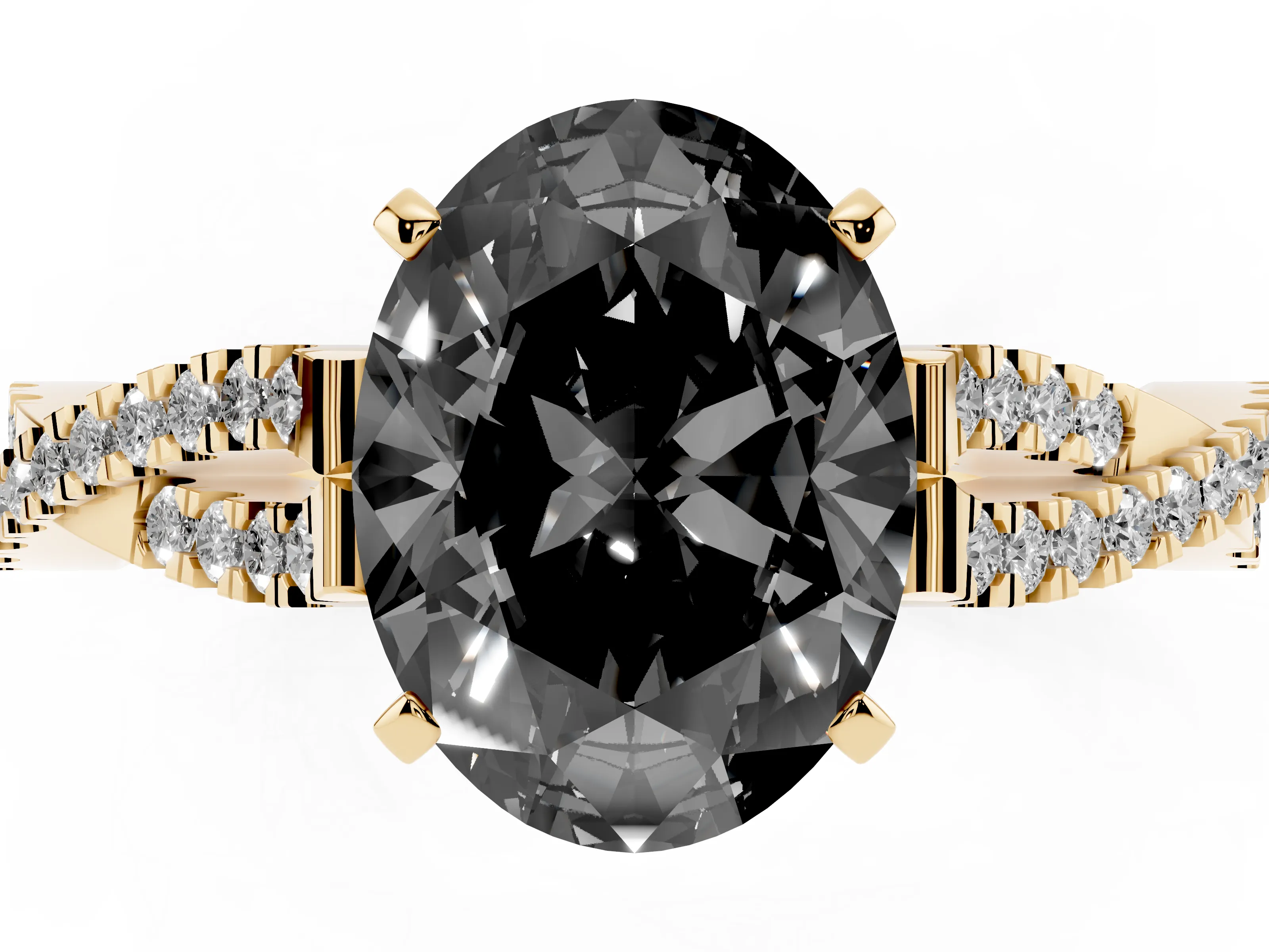 Fancy Black Oval Cut Diamond Solitaire Engagement Ring Set in Yellow gold with Twisted Pavé Band and Prong Setting