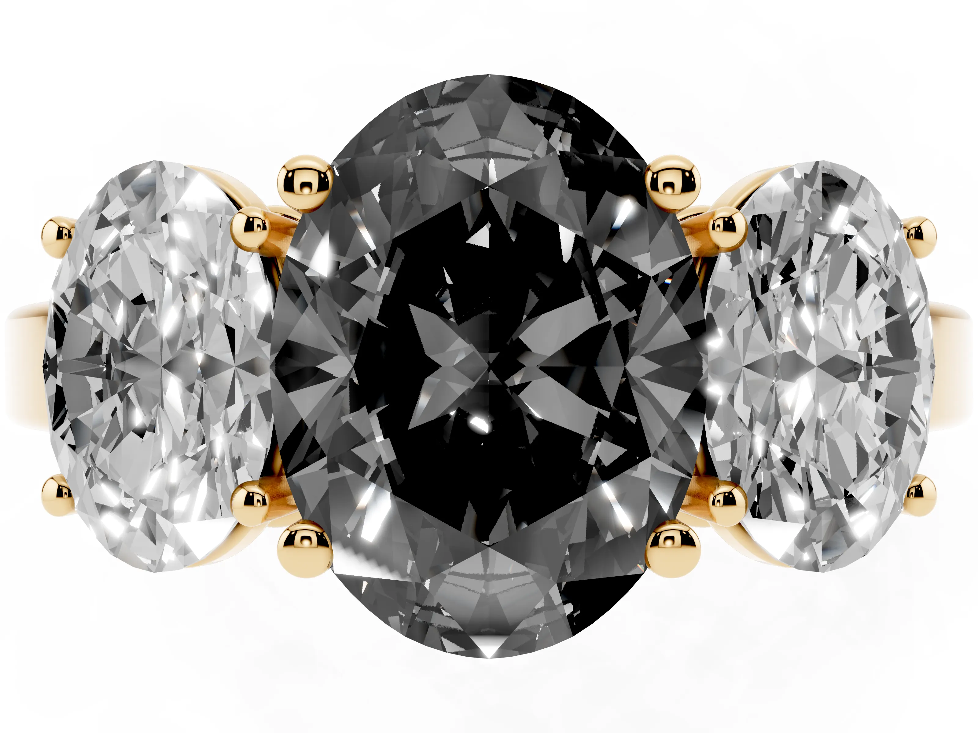 Fancy Black Oval Cut Diamond Three-Stone Engagement Ring Set in Yellow gold with Flat Band