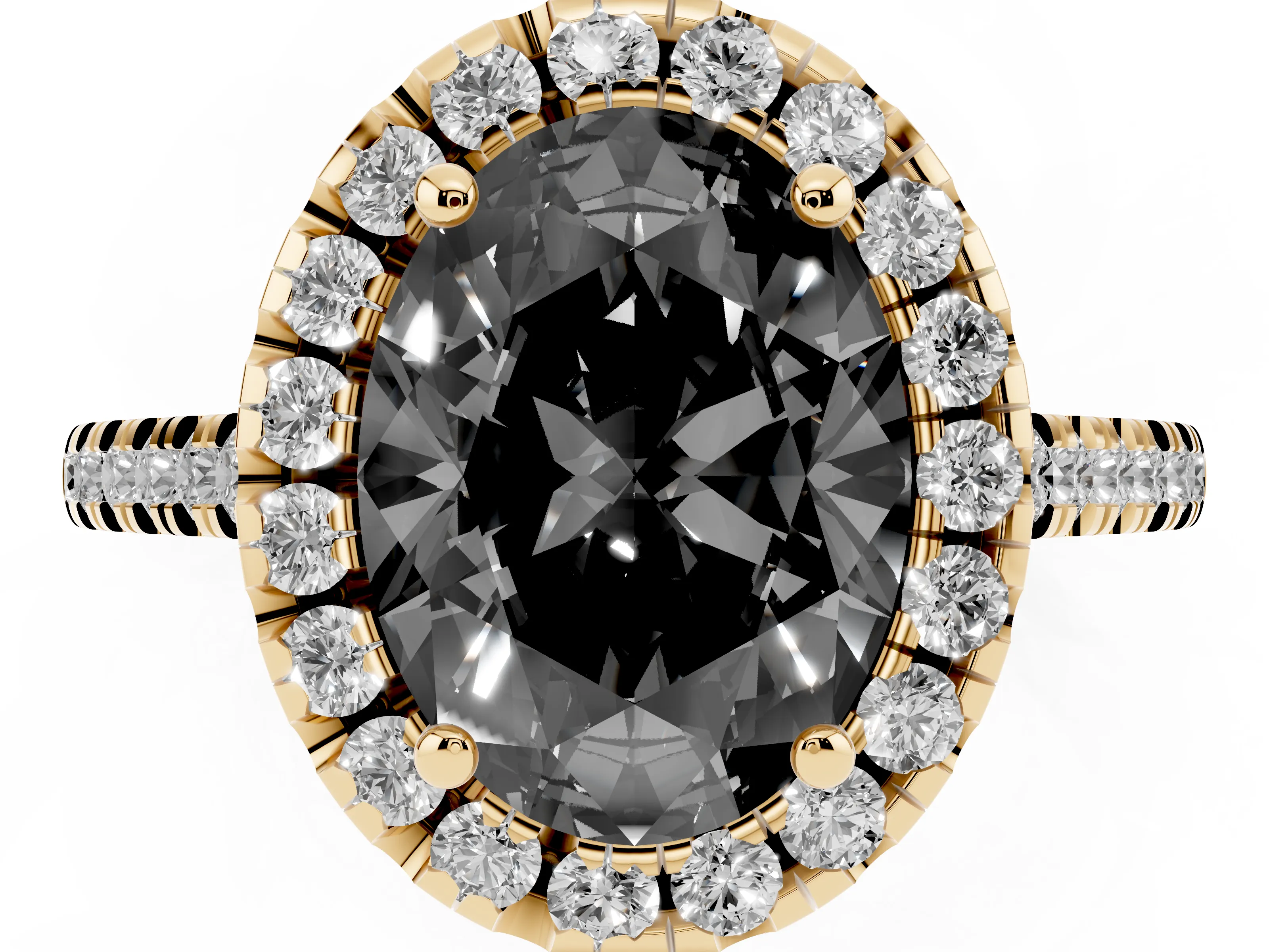 Fancy Black Oval Cut Diamond Cushion Halo Ring Set in Yellow gold with Pavé Band