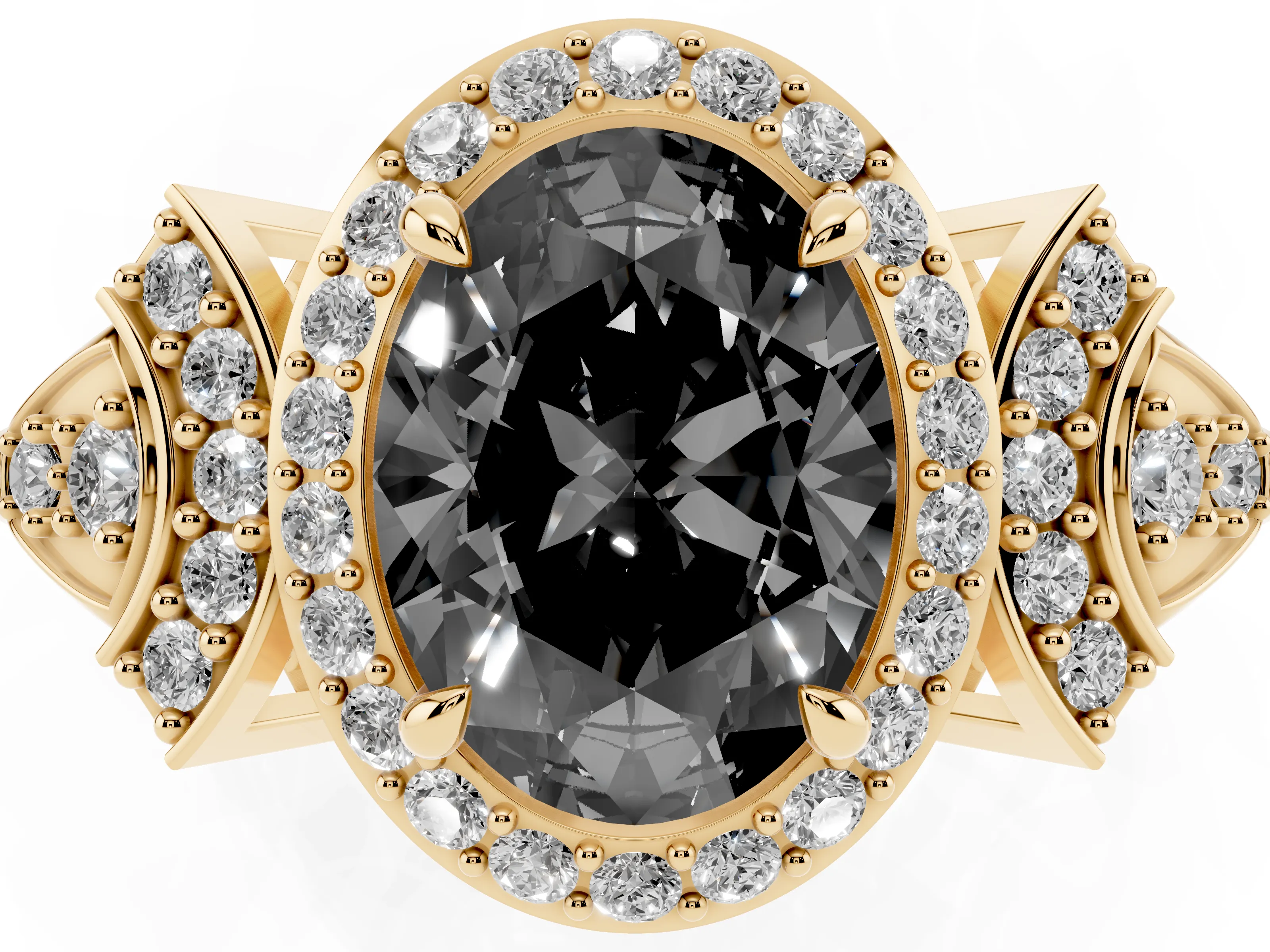Fancy Black Oval Cut Diamond Halo Engagement Ring Set in Yellow gold with Accent Stone Split Shank