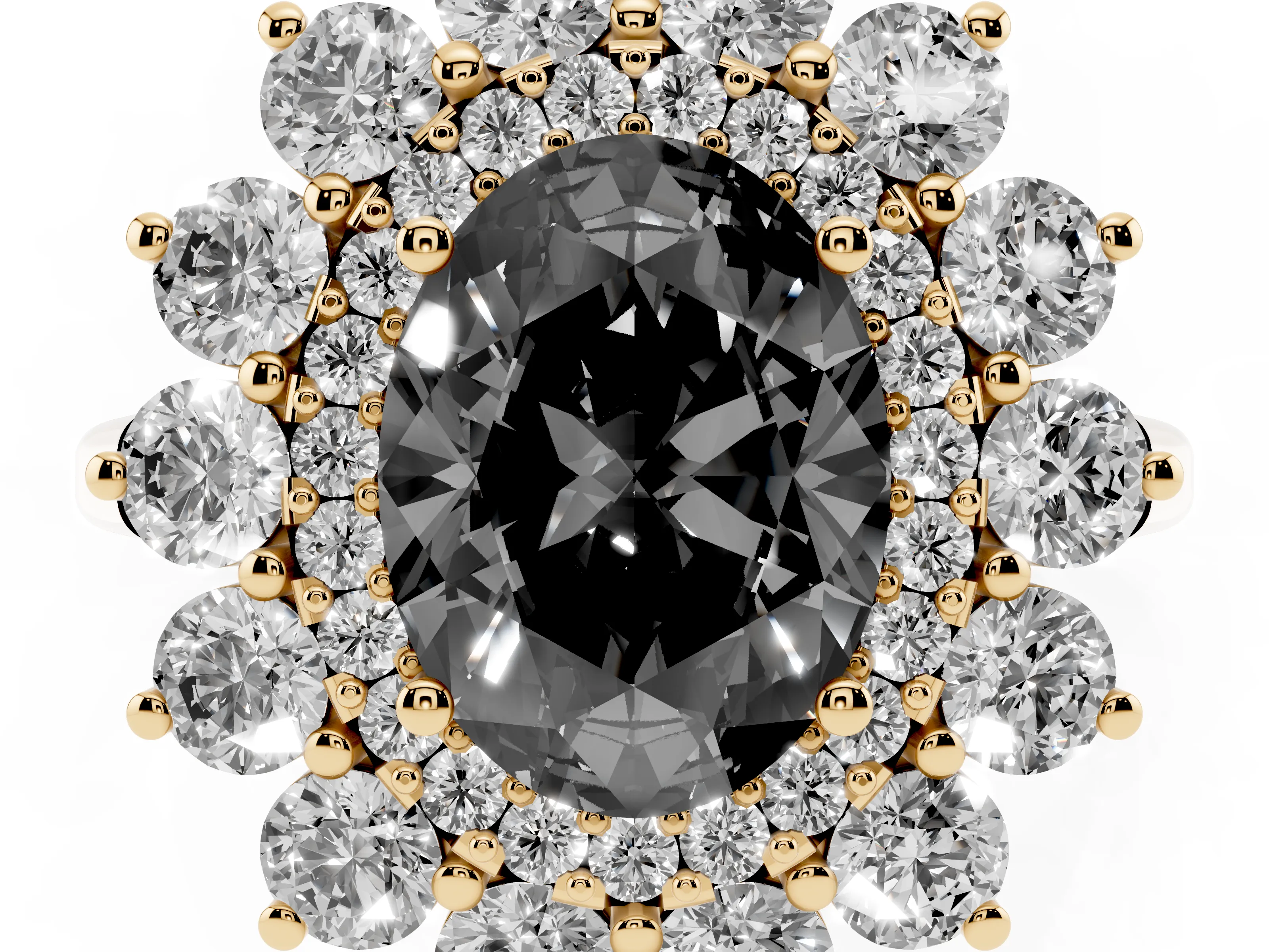 Fancy Black Oval Cut Diamond Floral Double Halo Ring Set in Yellow gold with Round Petals