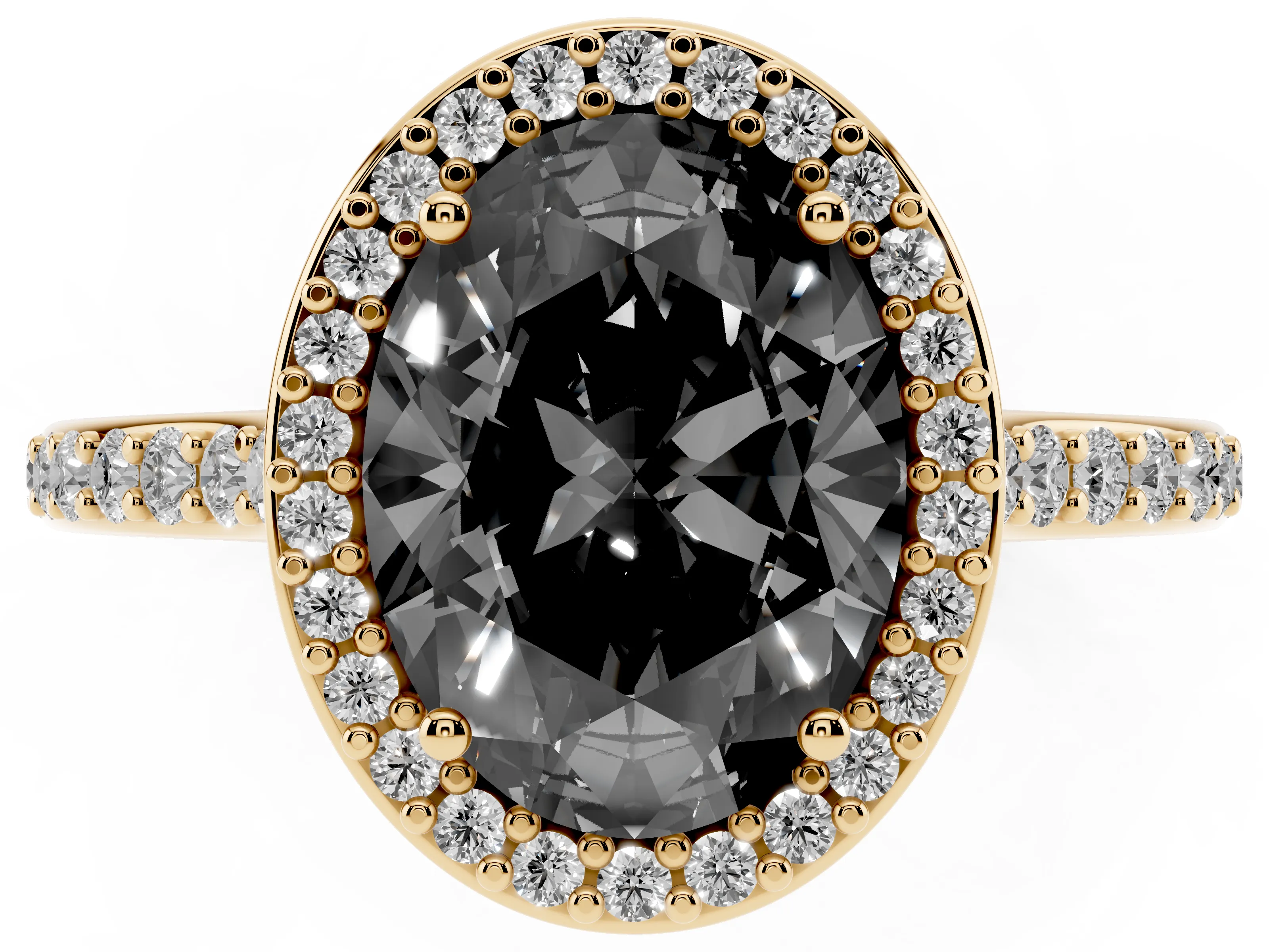 Fancy Black Oval Cut Diamond Halo Engagement Ring Set in Yellow gold with Round Pavé Shoulders and Heart Gallery