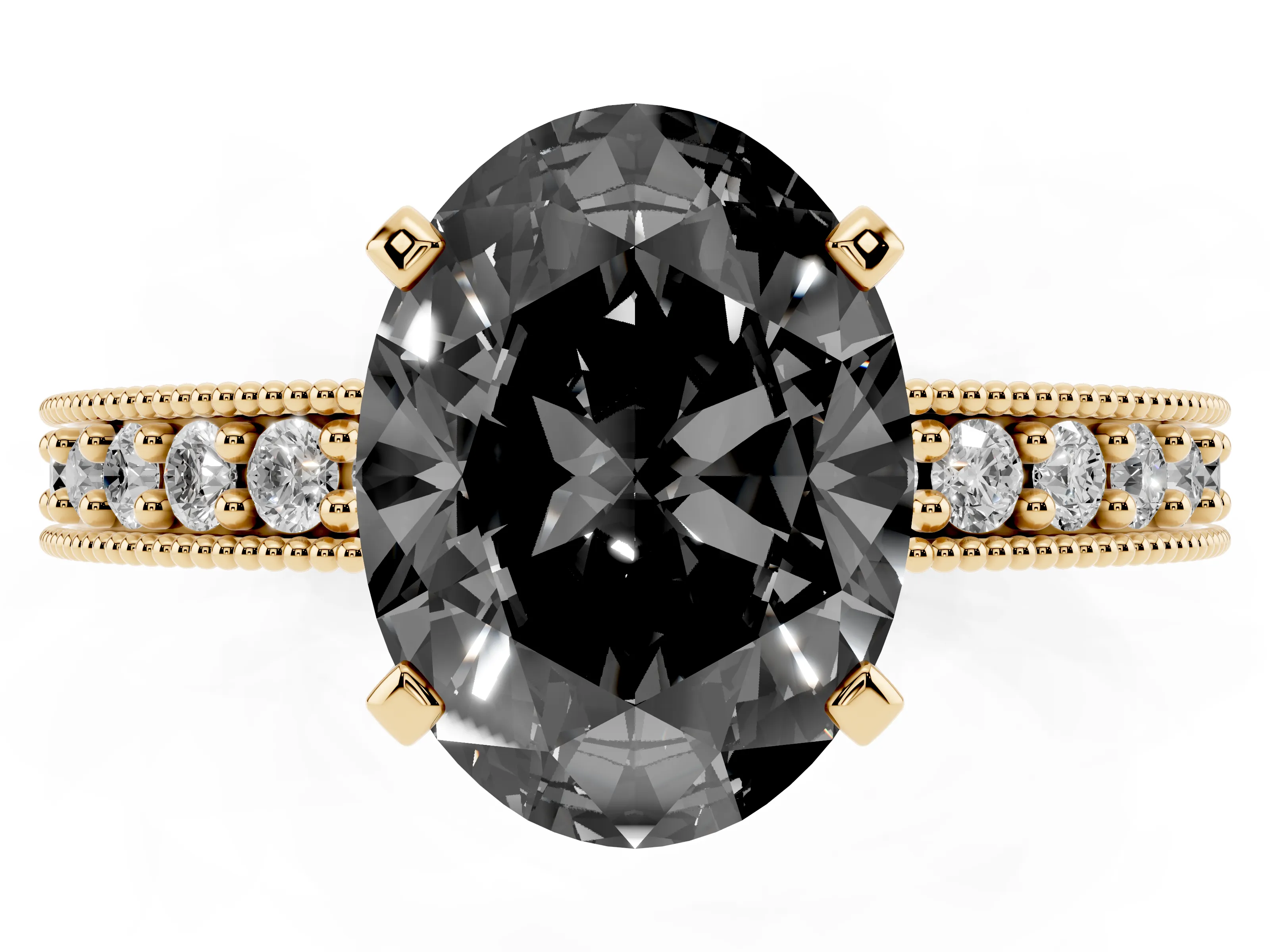 Fancy Black Oval Cut Diamond Milgrain Pavé Engagement Ring Set in Yellow gold with Prong Setting
