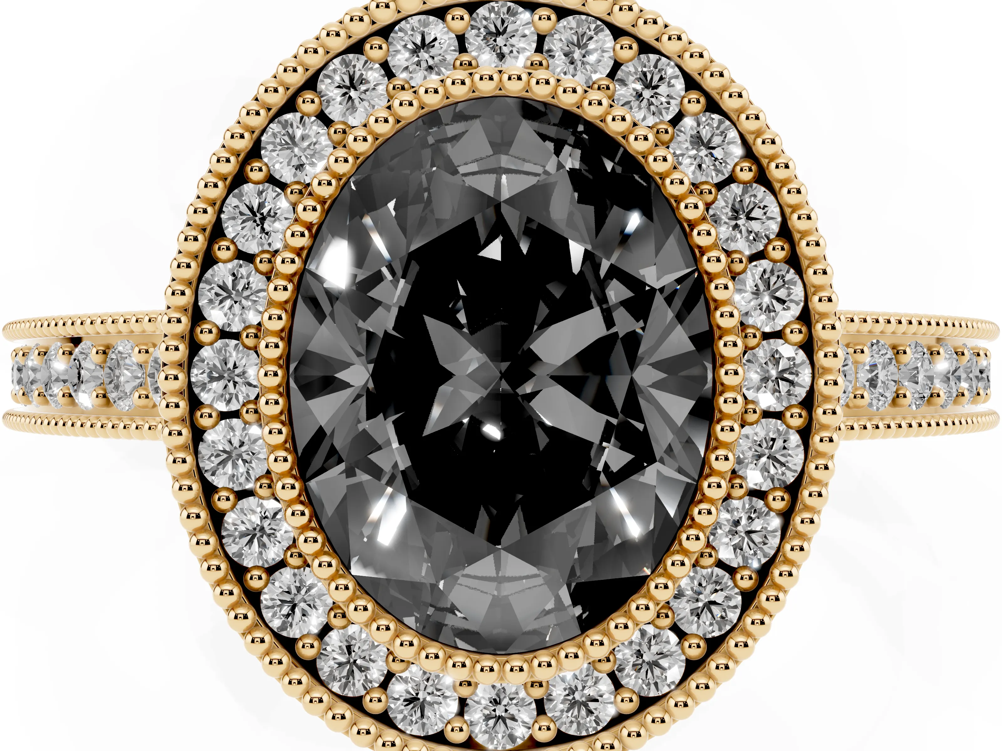 Fancy Black Oval Cut Diamond Round Halo Ring Set in Yellow gold with Pavé Band
