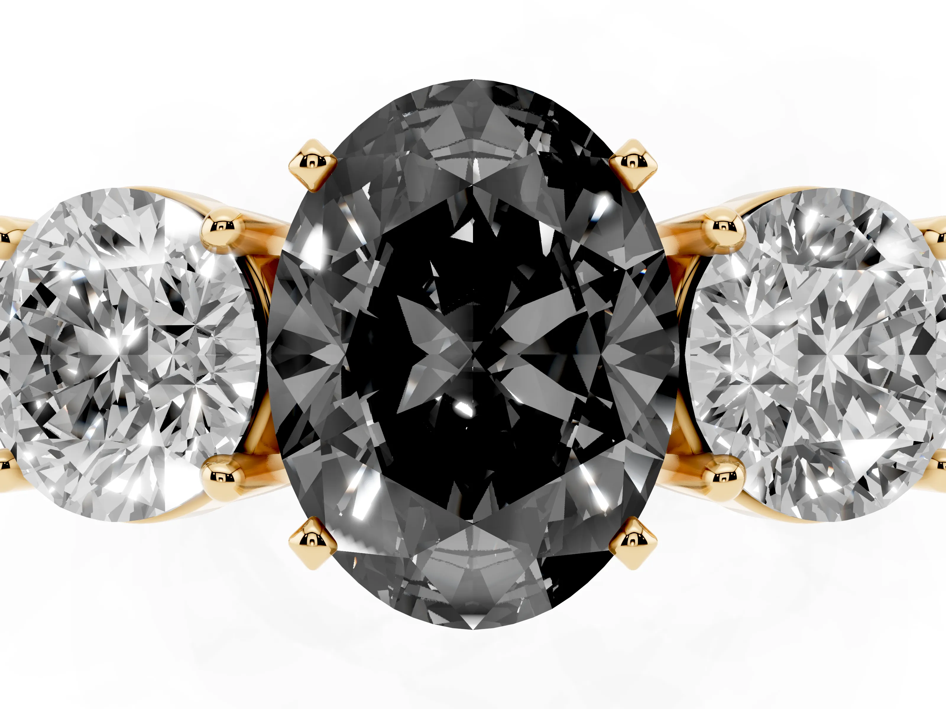 Fancy Black Oval Cut Diamond Three-Stone Ring Set in Yellow gold with Round Side Stones and Classic Band