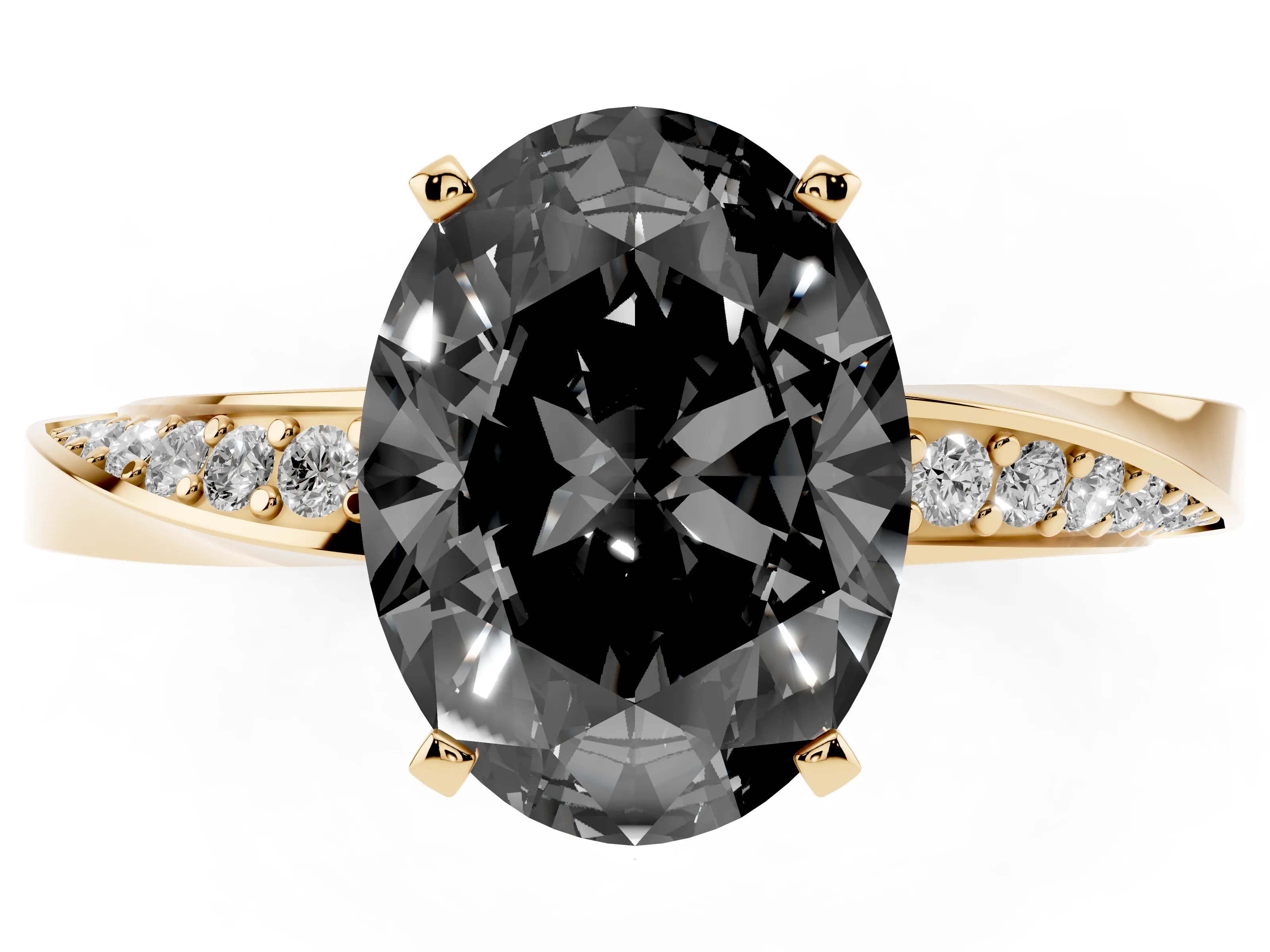 Fancy Black Oval Cut Diamond Engagement Ring Set in Yellow gold with Side Stone Accents and Prong Setting