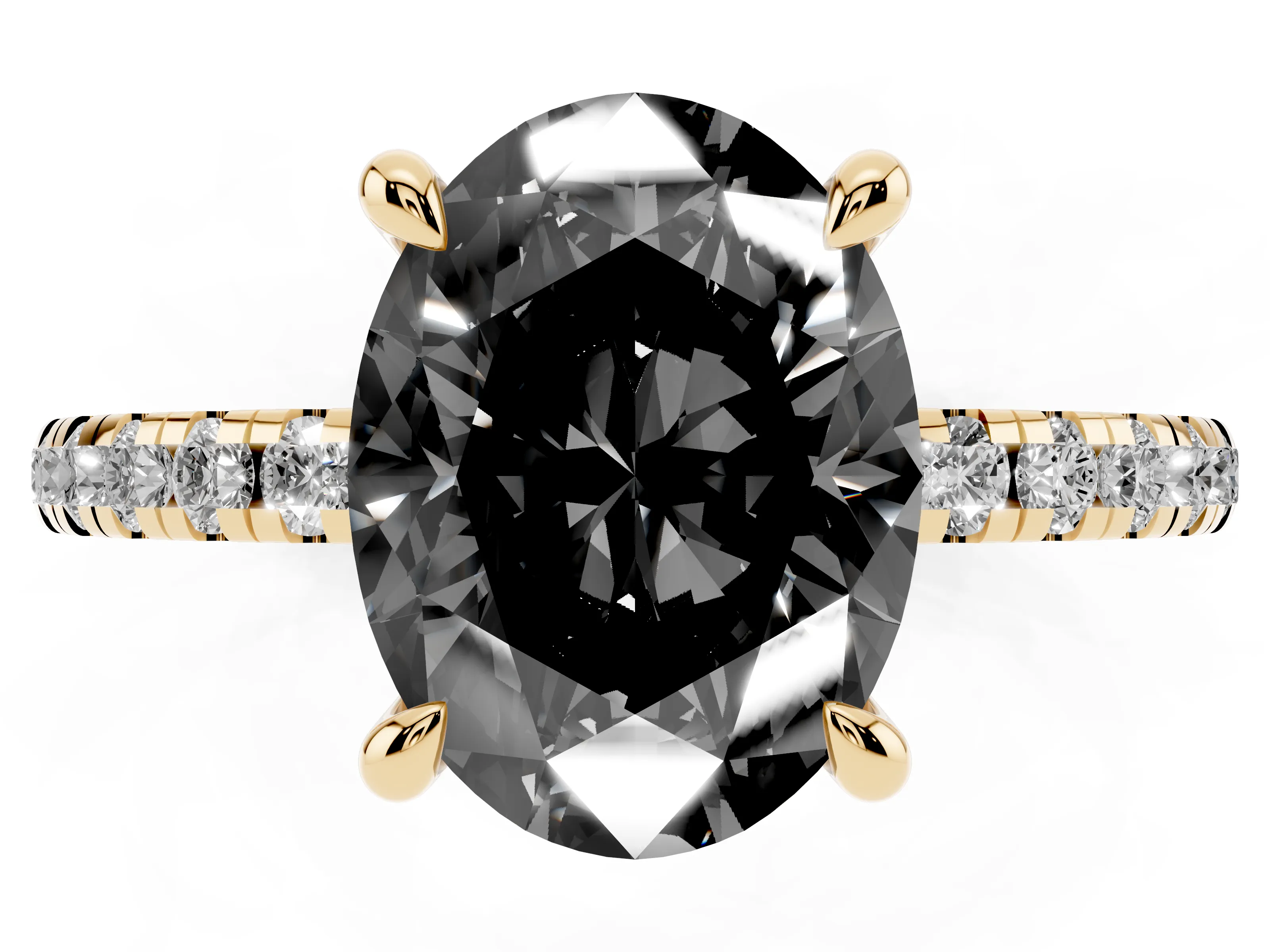 Fancy Black Oval Cut Diamond Brilliant Solitaire Ring Set in Yellow gold with Pavé Band and Prong Setting