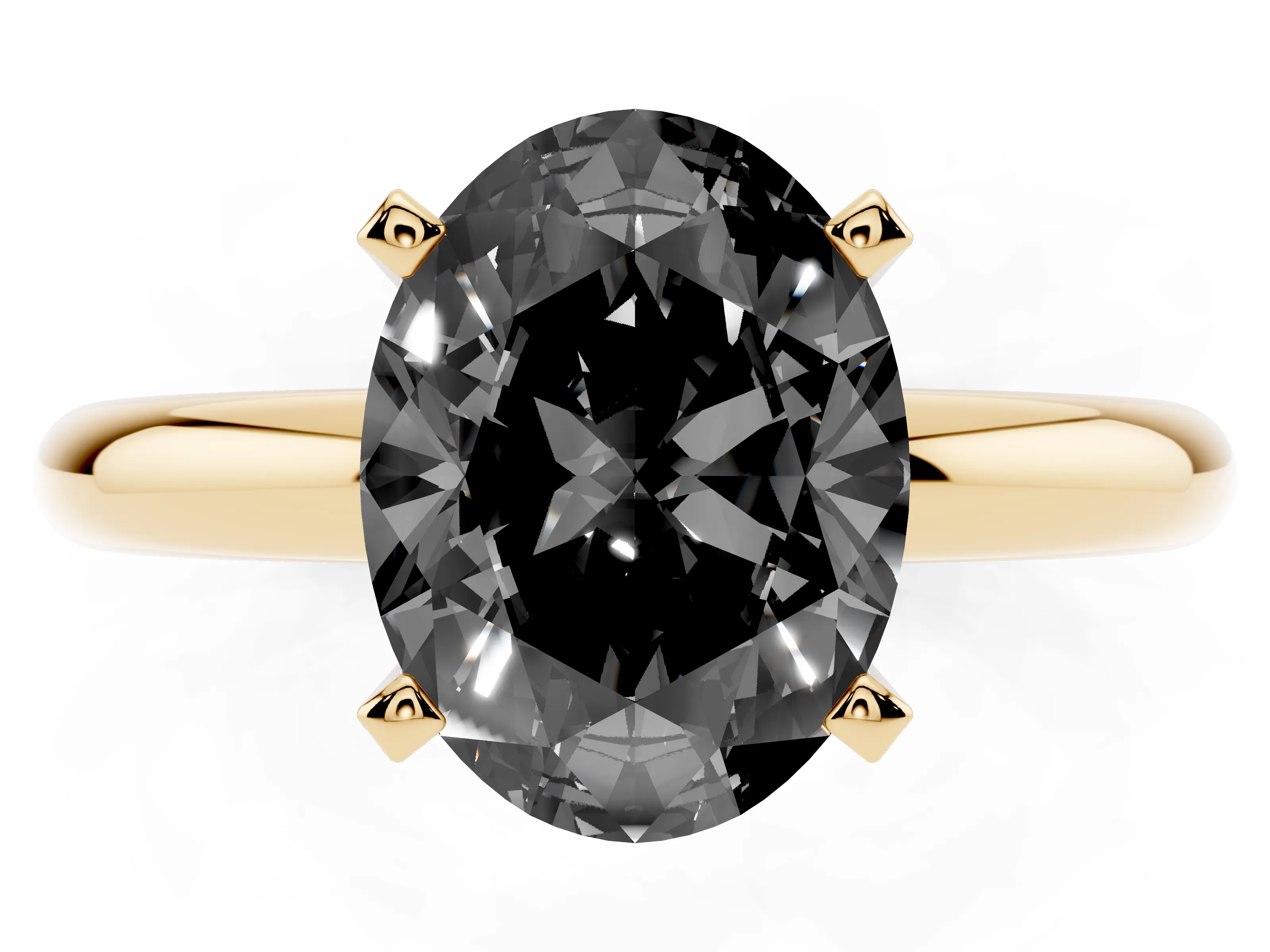 Fancy Black Oval Cut Diamond Solitaire Engagement Ring Set in Yellow gold with Round Band and Prong Setting