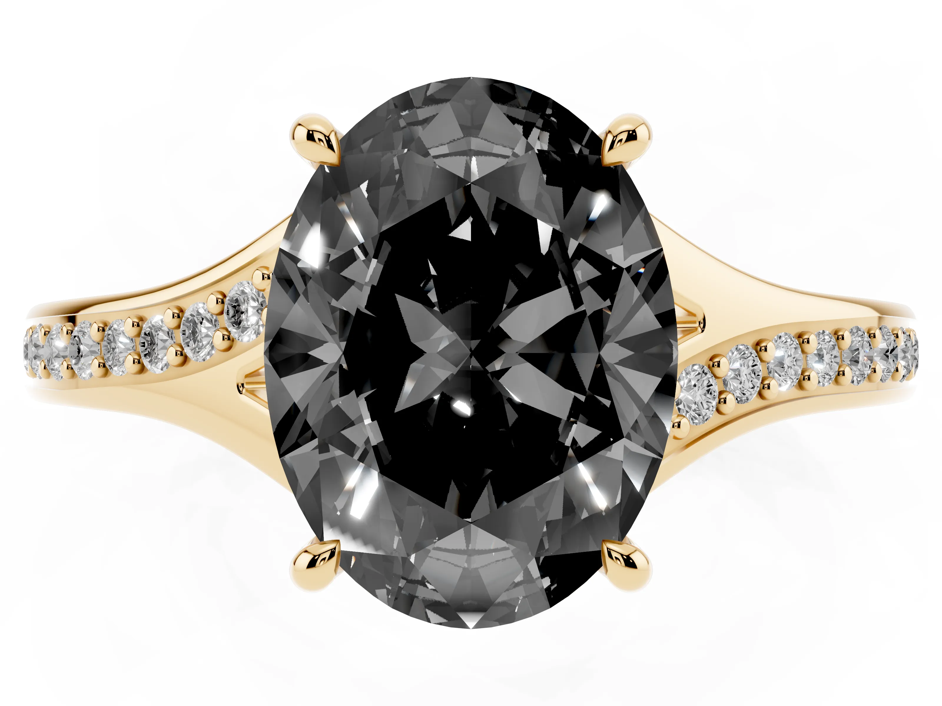 Fancy Black Oval Cut Diamond Solitaire Ring Set in Yellow gold with Pavé Accent Band and Classic Prong Setting