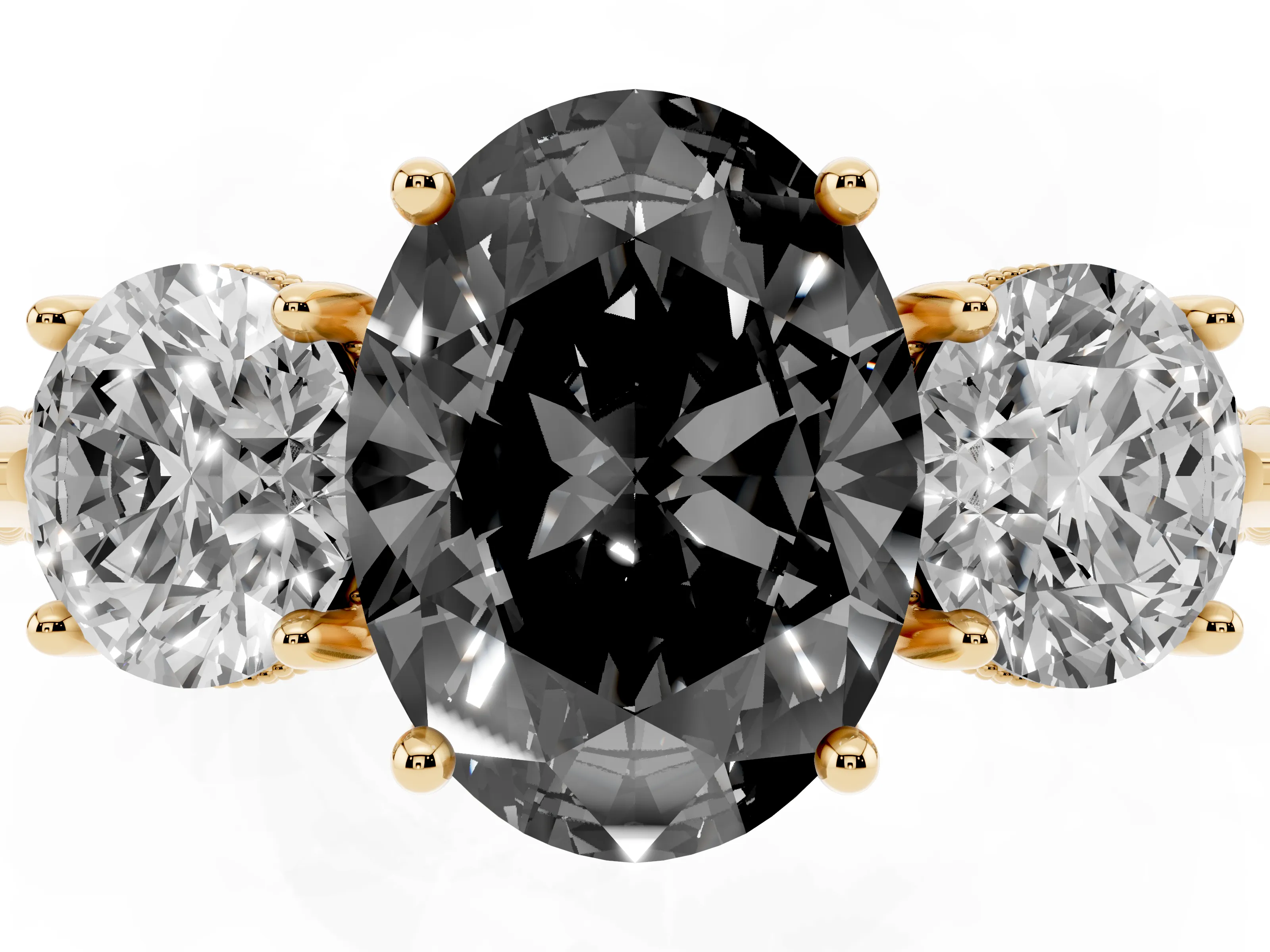Fancy Black Oval Cut Diamond Three-Stone Ring Set in Yellow gold with Milgrain Band