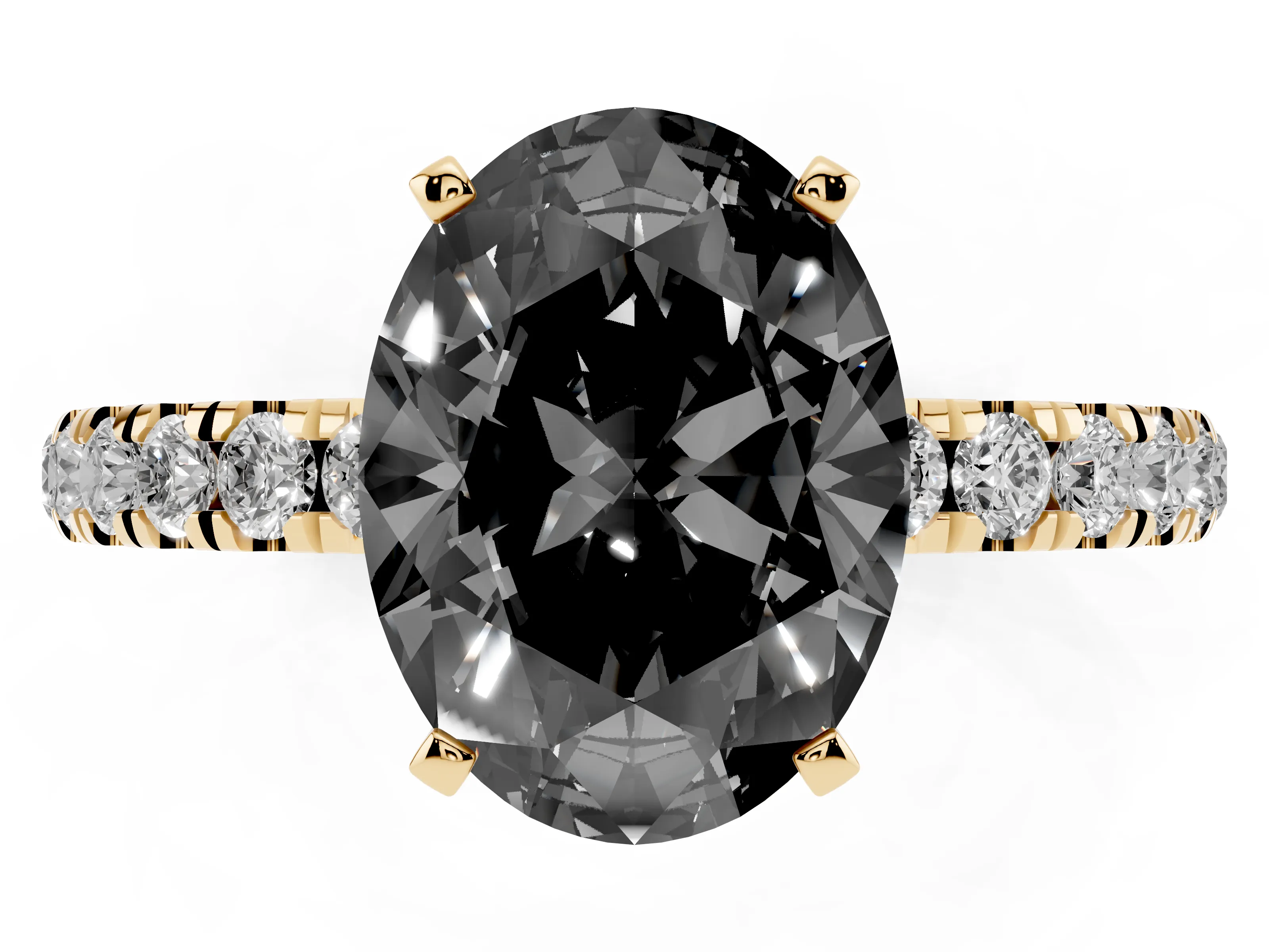 Fancy Black Oval Cut Diamond Solitaire Ring Set in Yellow gold with Pavé Accents and Prong Setting