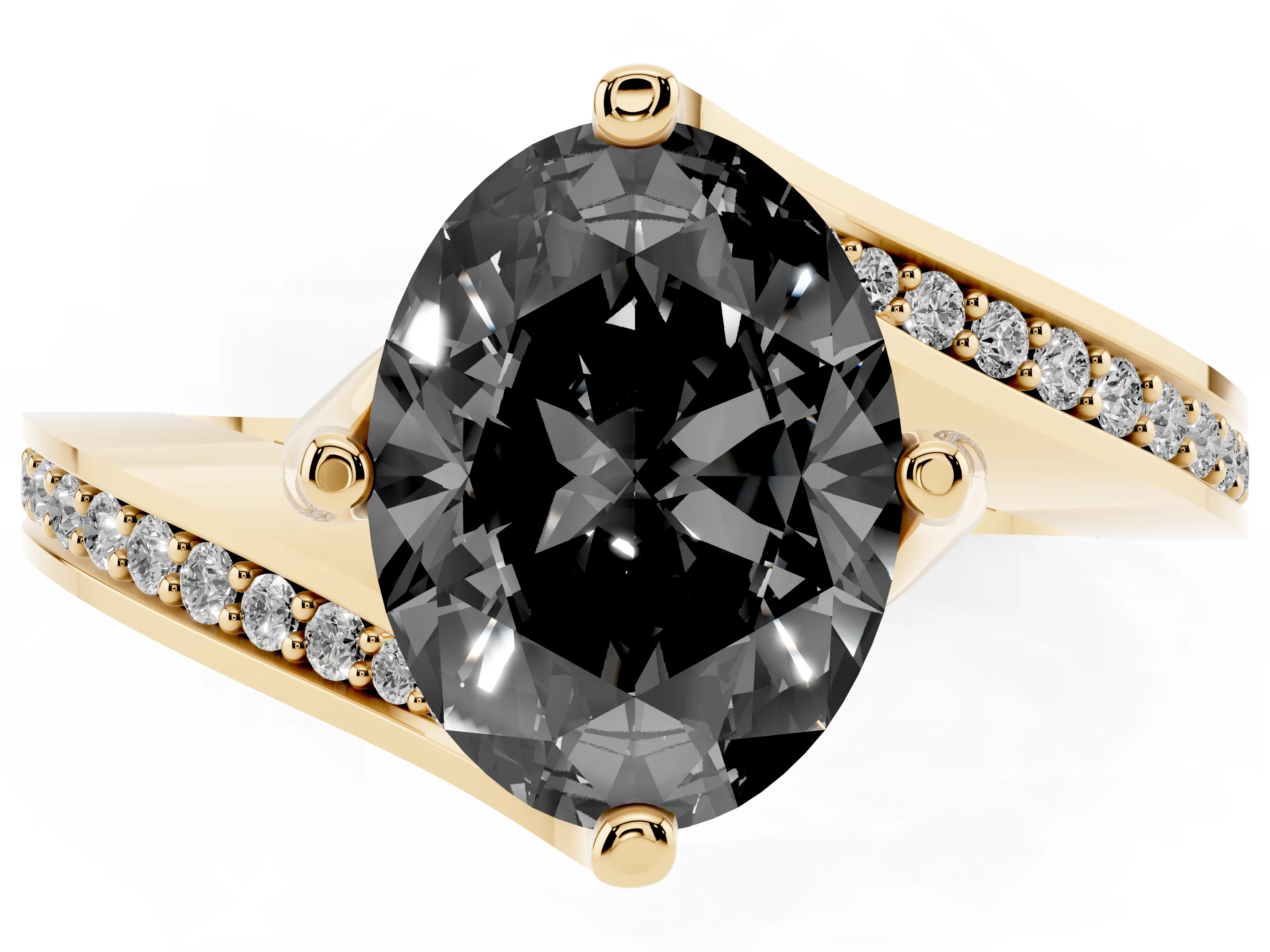 Fancy Black Oval Cut Diamond Solitaire Ring Set in Yellow gold with Intertwined Pavé Twist Band
