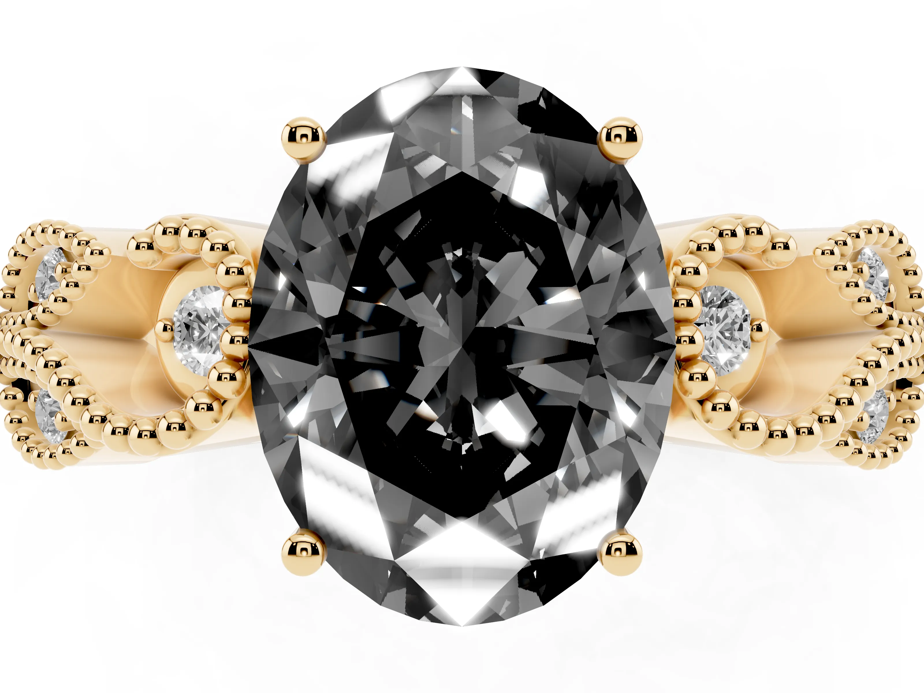 Fancy Black Oval Cut Diamond Milgrain Leaf Band Solitaire Ring Set in Yellow gold with Accent Stones and Prong Setting