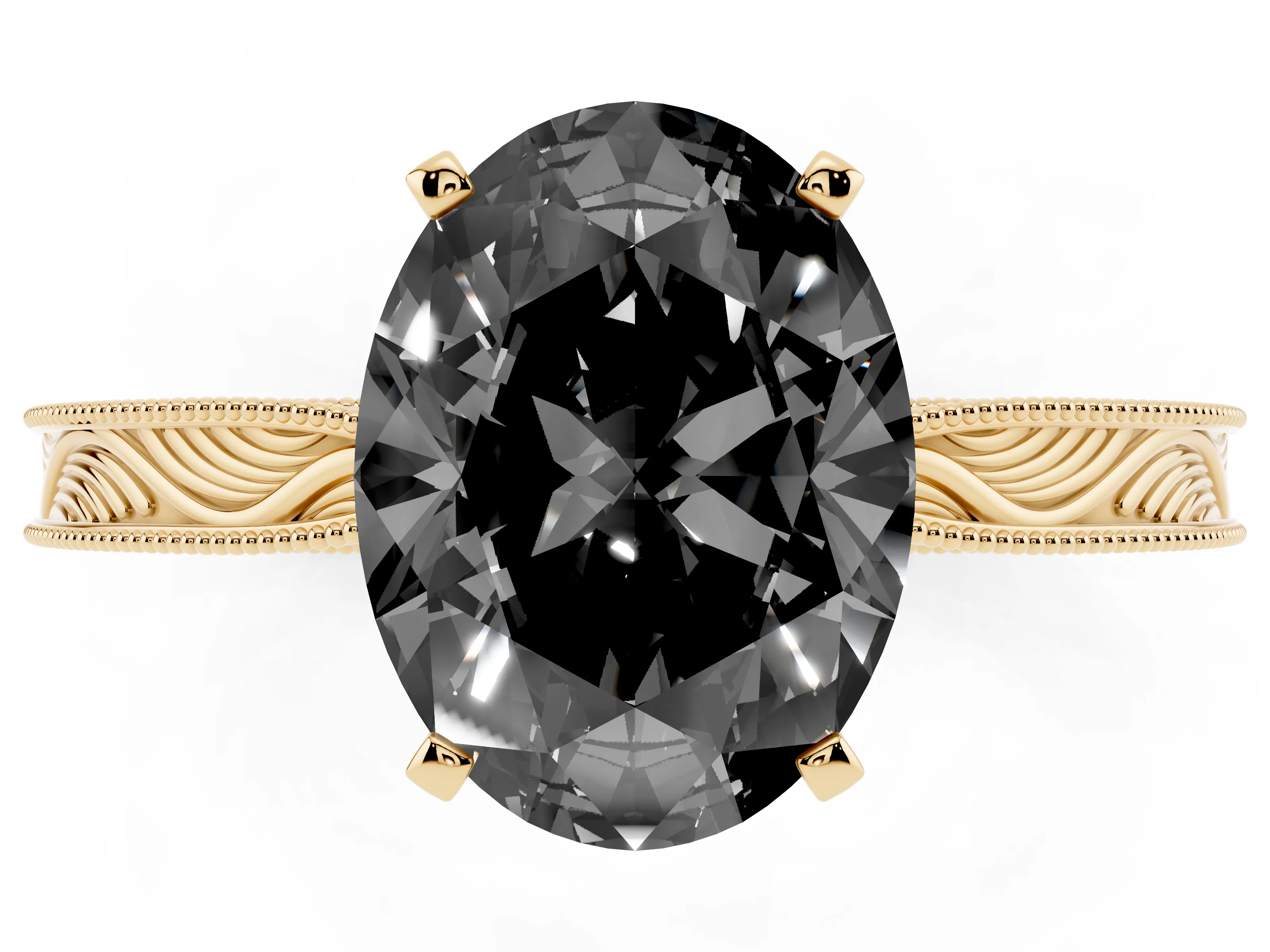 Fancy Black Oval Cut Diamond Solitaire Milgrain Engraved Band Set in Yellow gold with Prong Setting