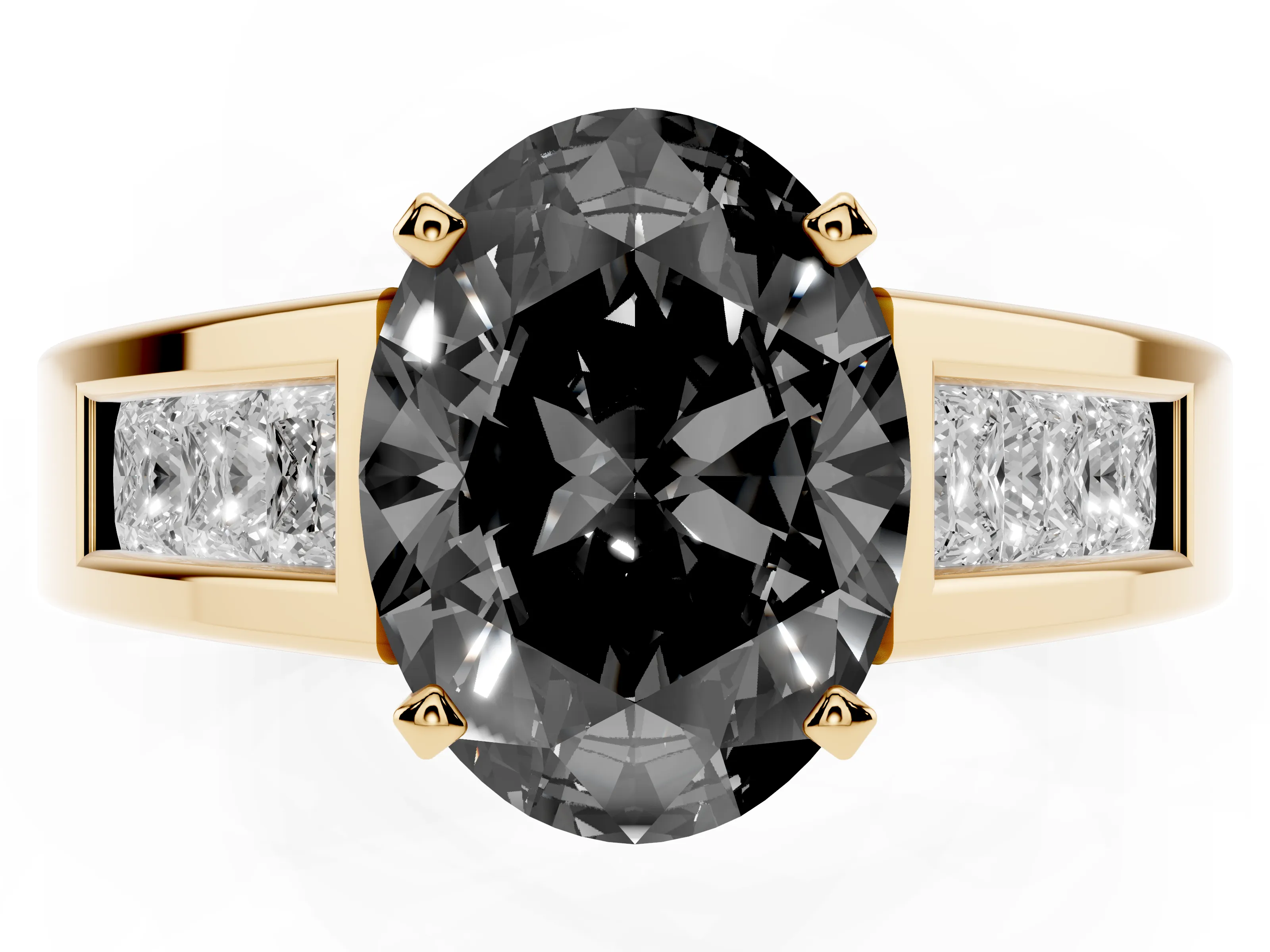 Fancy Black Oval Cut Diamond Solitaire Ring Set in Yellow gold with Channel-Set Accent Stones and Prong Setting