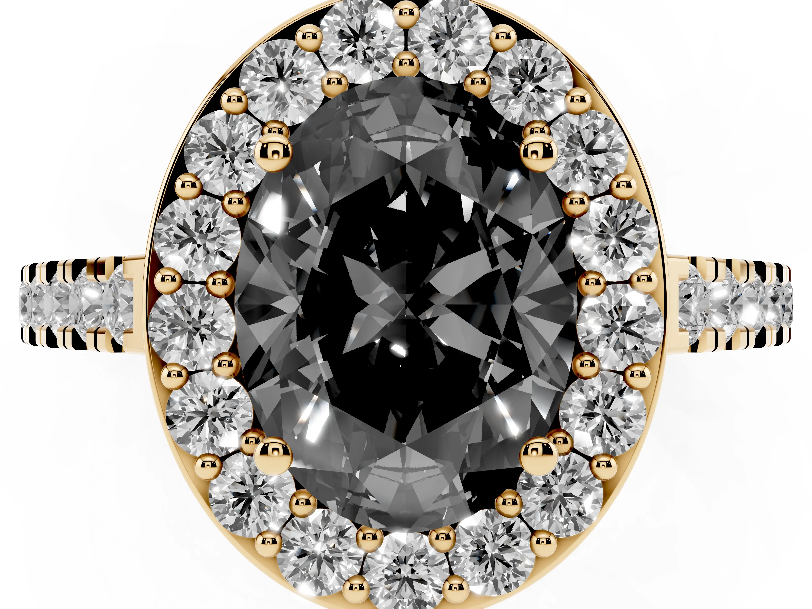 Fancy Black Oval Cut Diamond Halo Ring Set in Yellow gold with Round Pavé Split Shank and Prong Setting