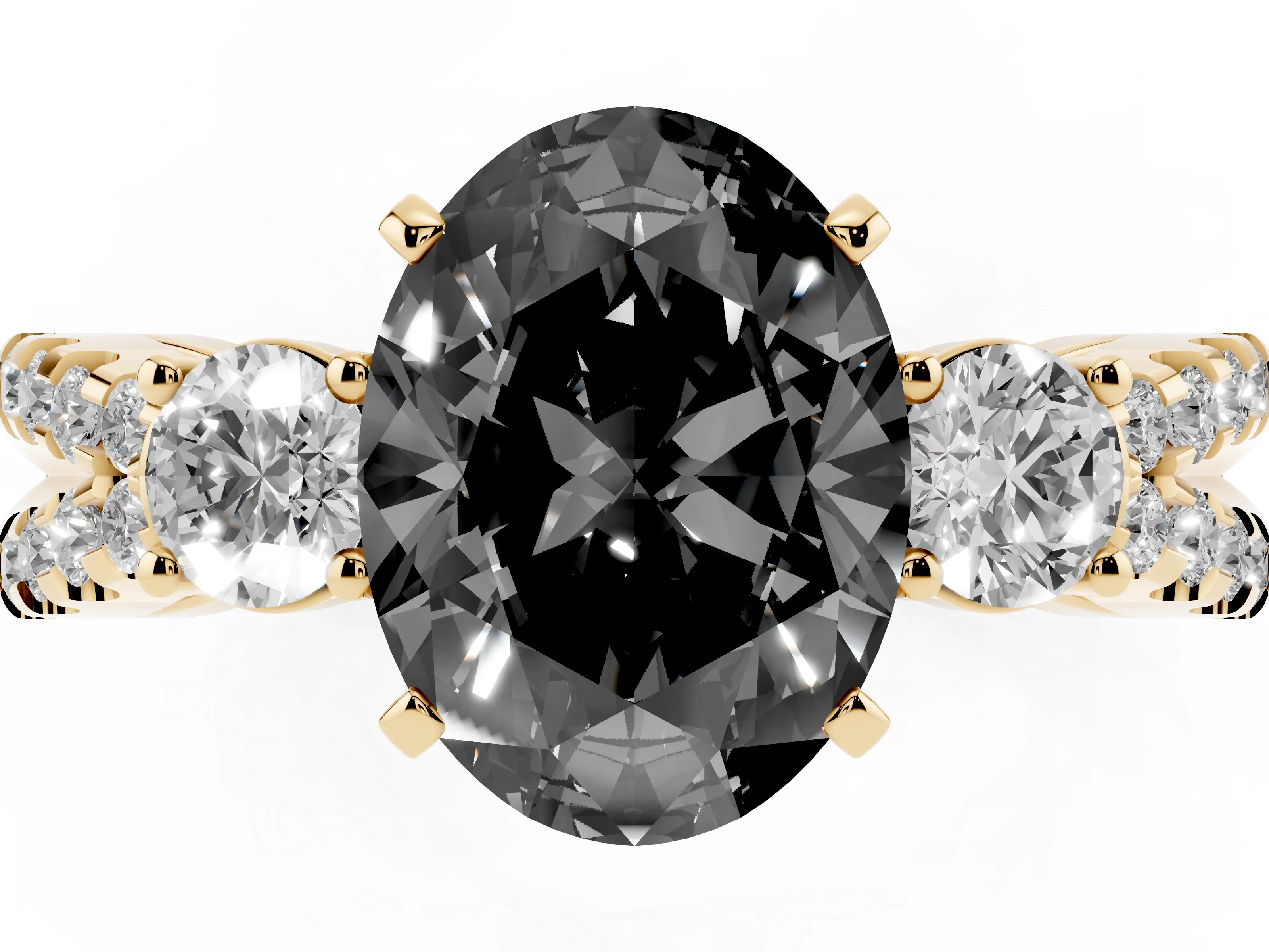 Fancy Black Oval Cut Diamond Three-Stone Ring Set in Yellow gold with Pavé Split Shank and Prong Setting