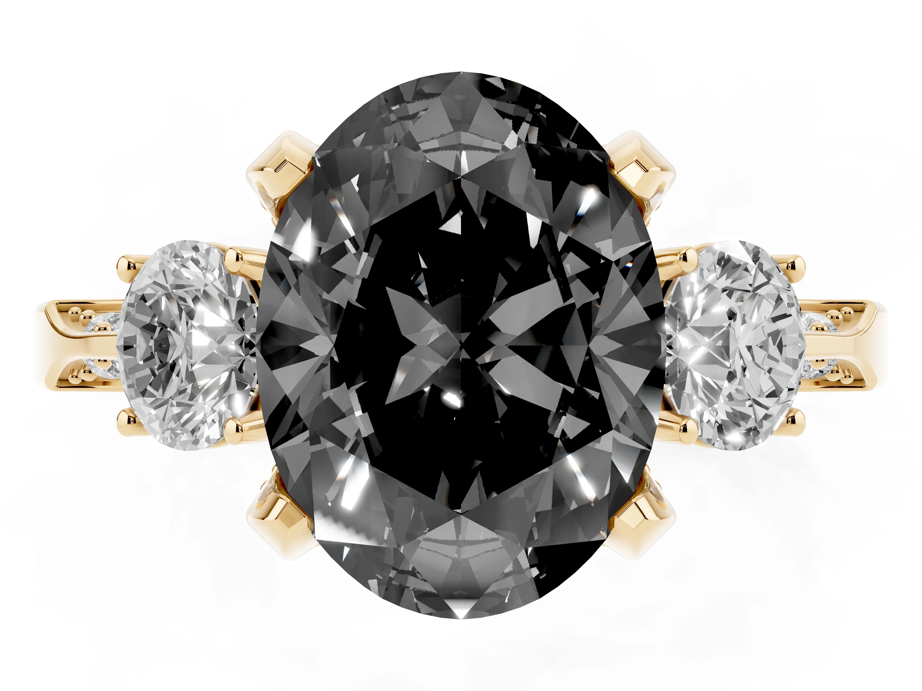 Fancy Black Oval Cut Diamond Three-Stone Ring Set in Yellow gold with Pavé Band and Smaller Side Stones