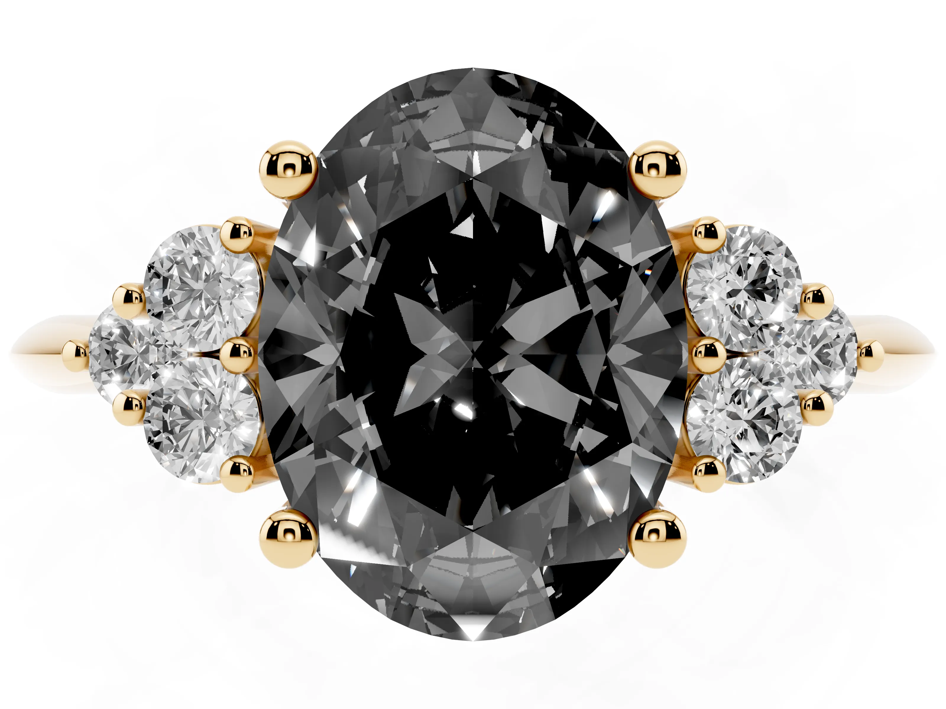 Fancy Black Oval Cut Diamond Cluster Ring Set in Yellow gold with Plain Band and Prong Setting