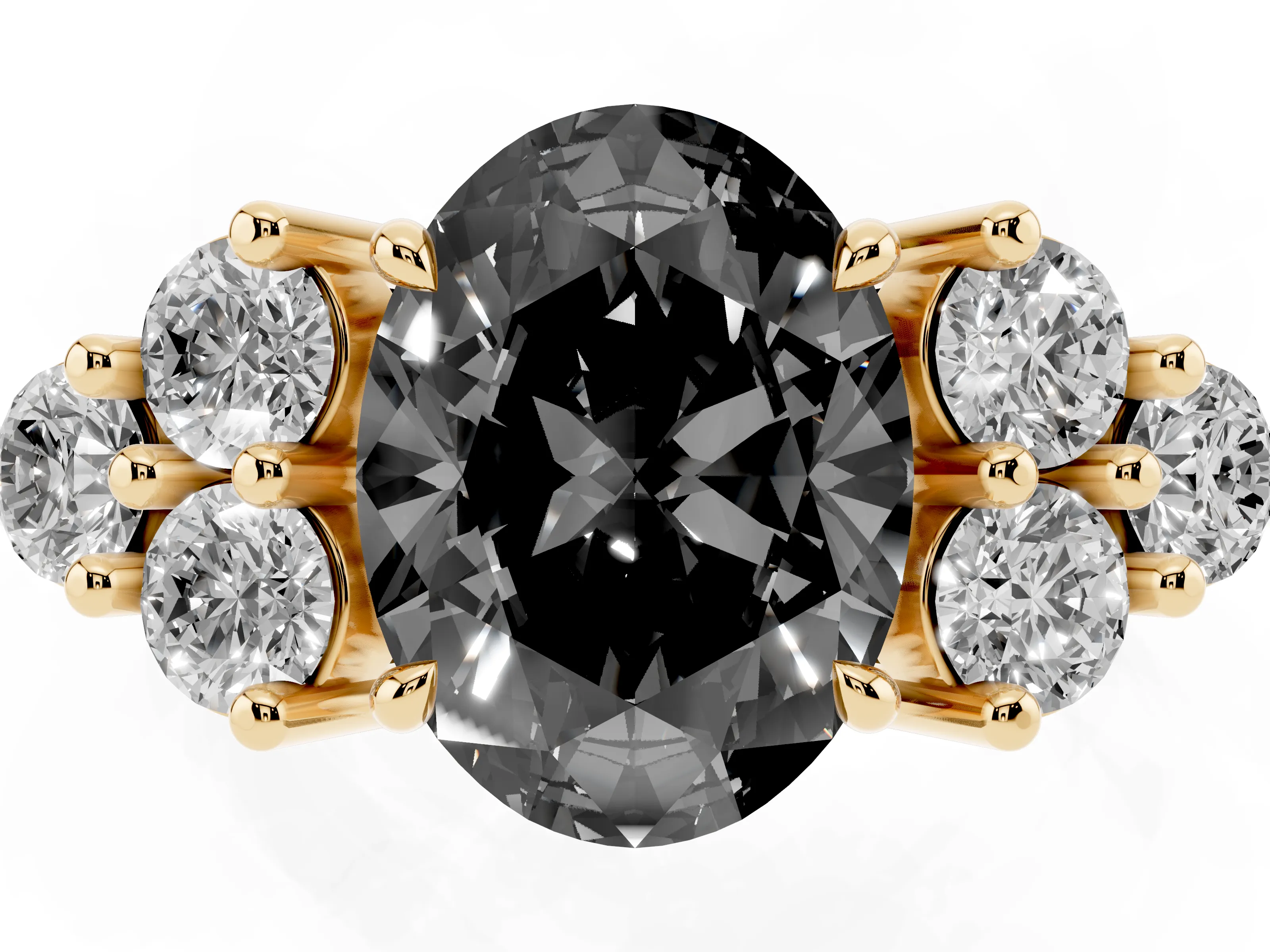 Fancy Black Oval Cut Diamond Solitaire Ring Set in Yellow gold with Cluster Accents on Each Side