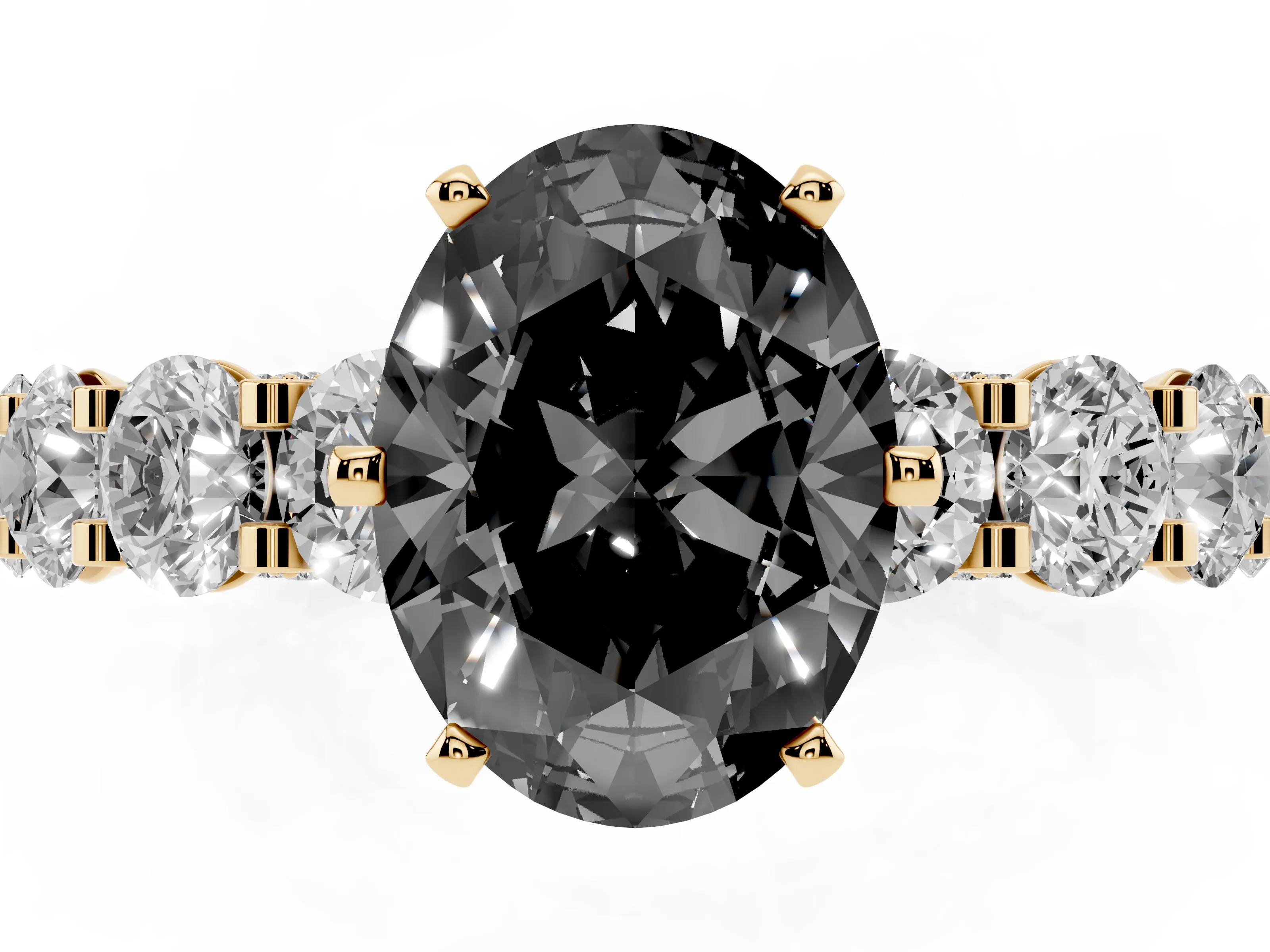 Fancy Black Oval Cut Diamond Side Stone Ring Set in Yellow gold with Alternating Round and Oval Side Stones