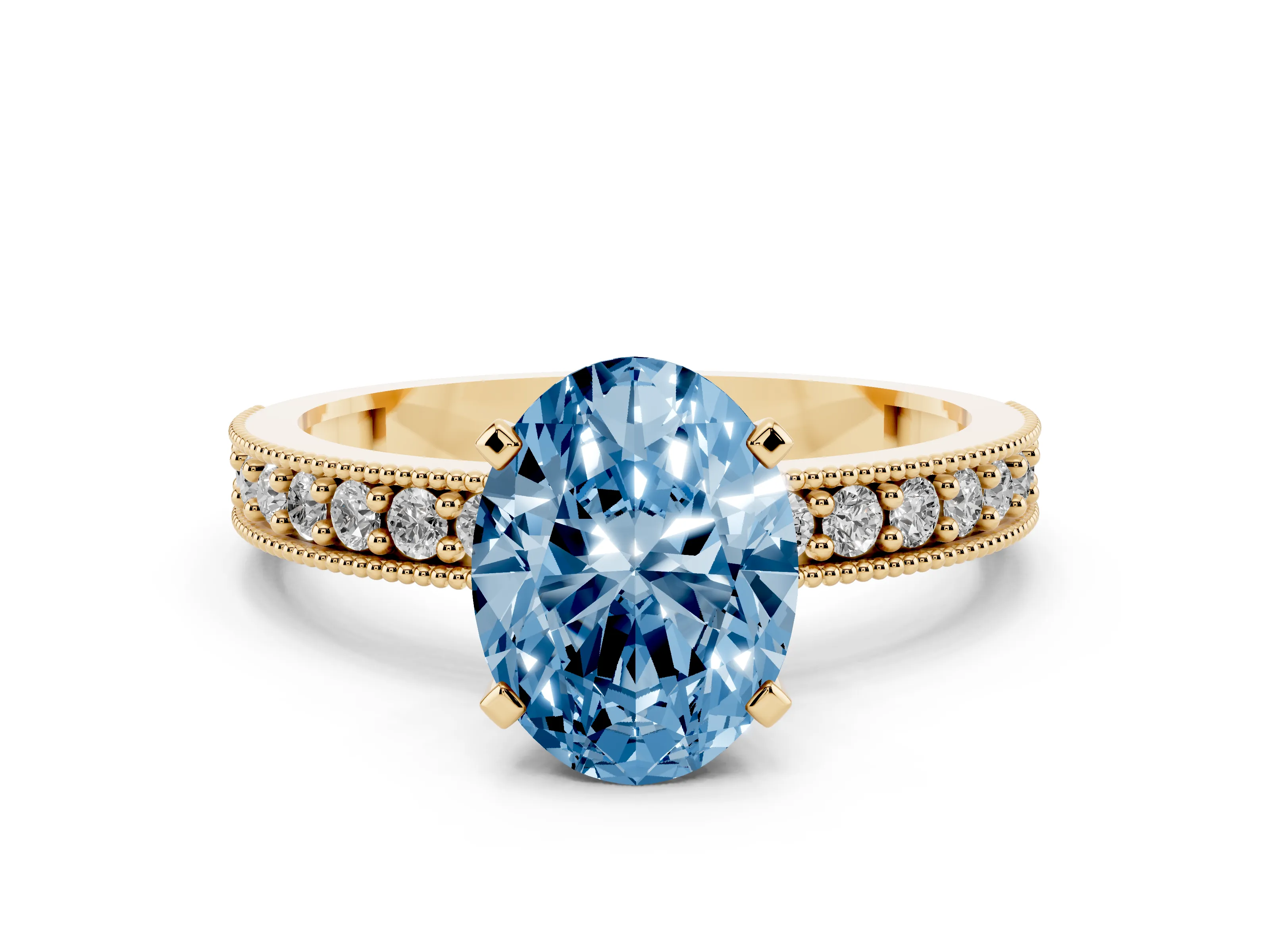 Fancy Blue Oval Cut Diamond Milgrain Pavé Engagement Ring Set in Yellow gold with Prong Setting