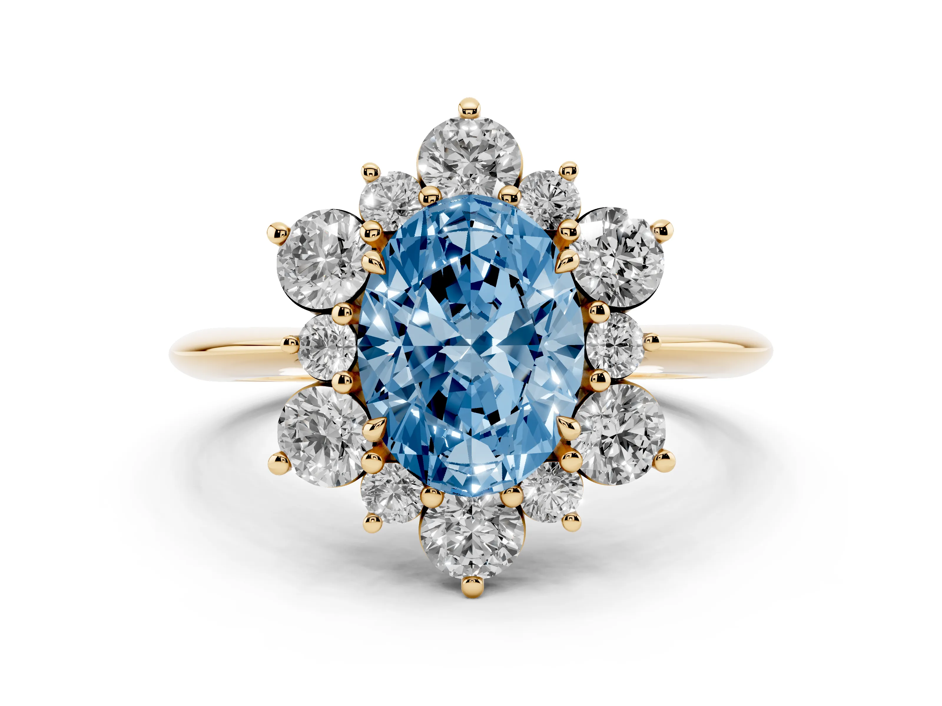 Fancy Blue Oval Cut Diamond Cluster Halo Ring Set in Yellow gold with Solitaire Band and Prong Setting