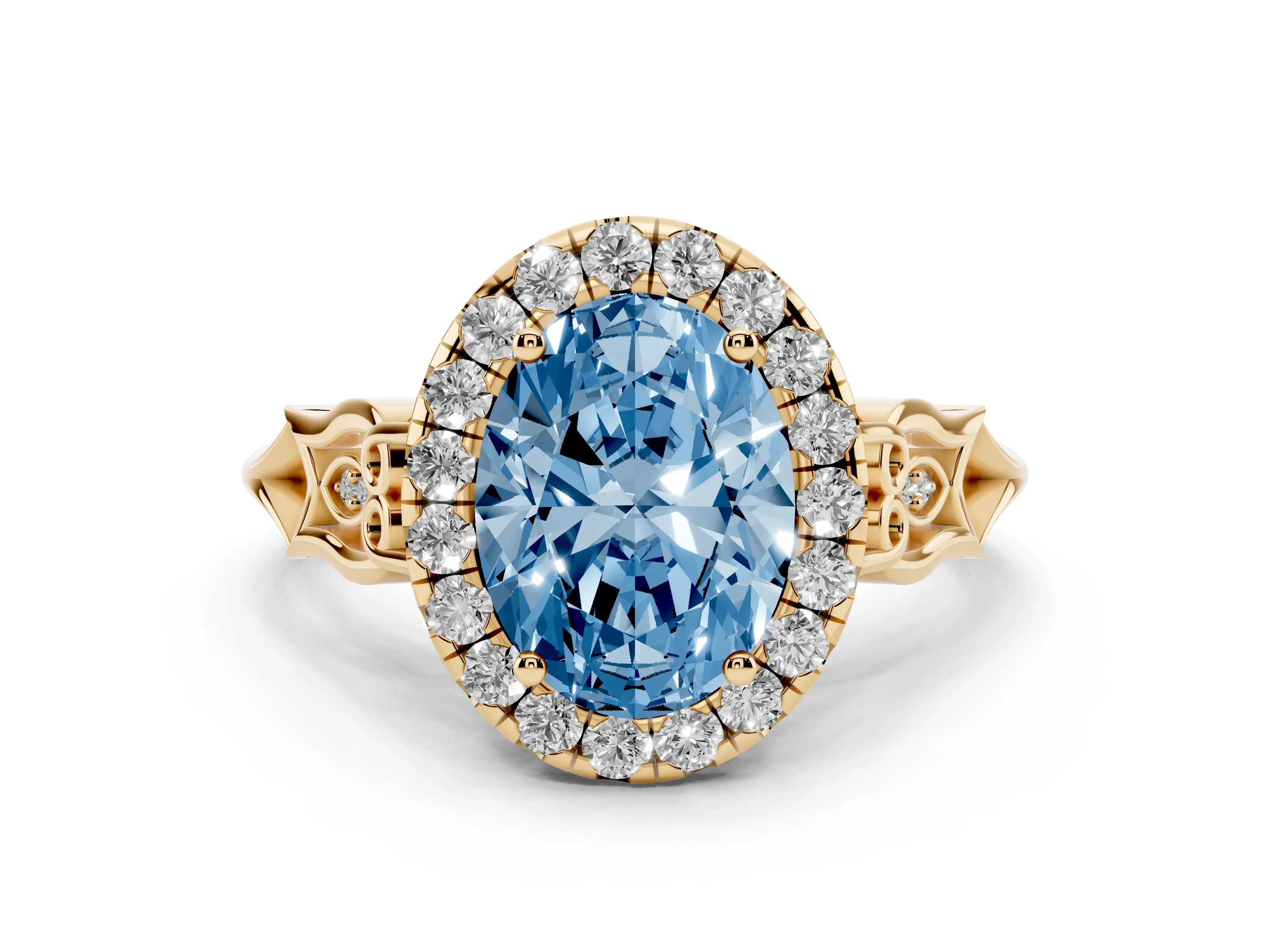 Fancy Blue Oval Cut Diamond Halo Engagement Ring Set in Yellow gold with Filigree Band and Prong-Set Center