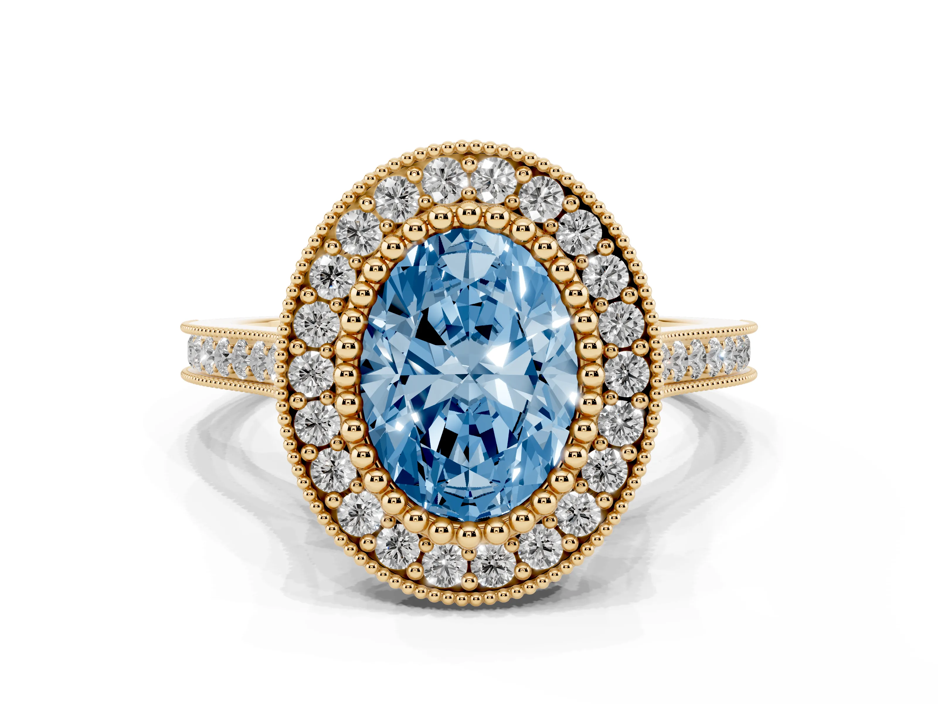 Fancy Blue Oval Cut Diamond Halo Ring Set in Yellow gold with Milgrain Frame and Pavé Band