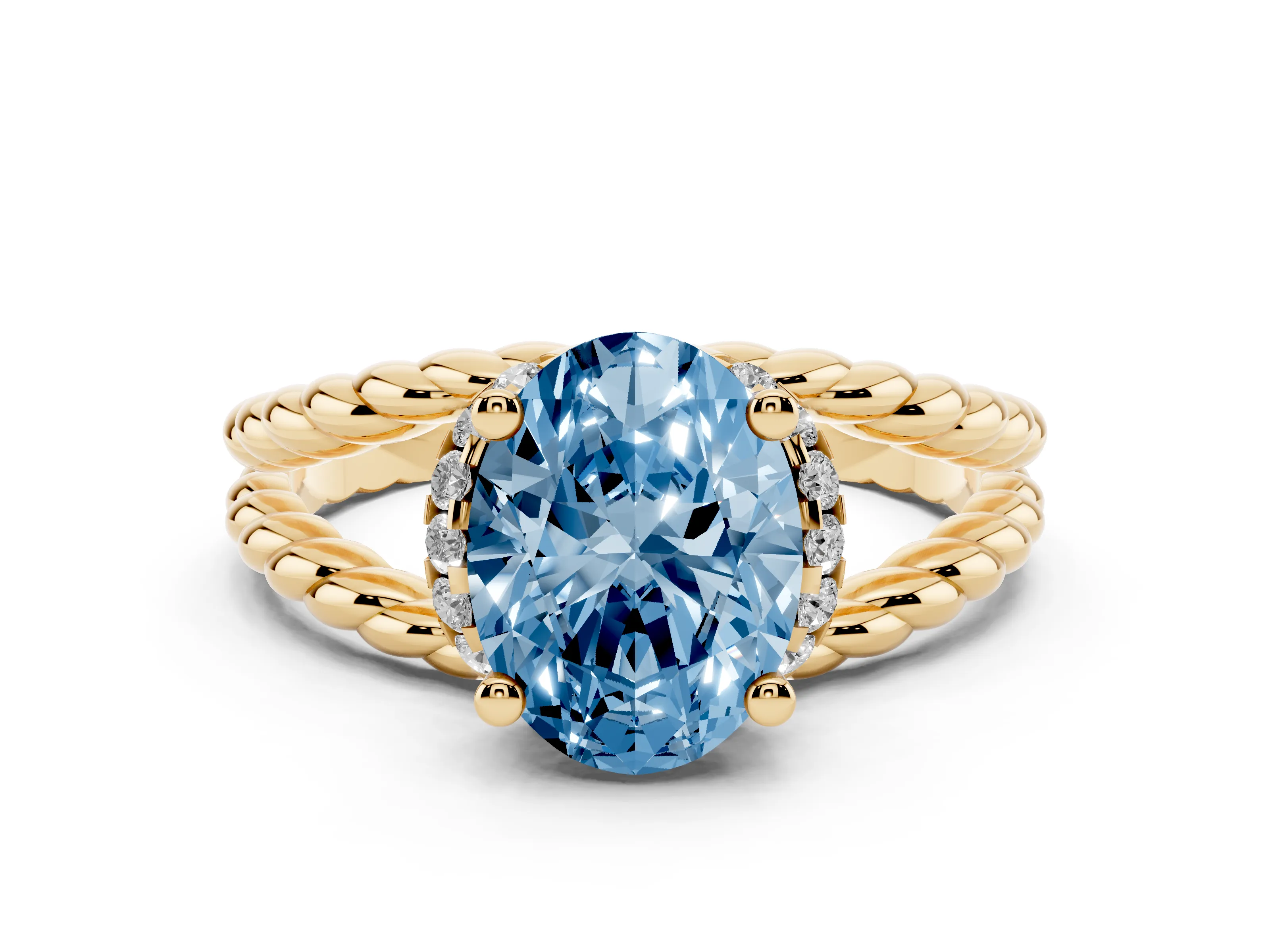 Fancy Blue Oval Cut Diamond Halo Ring Set in Yellow gold with Twisted Band and Prong Setting