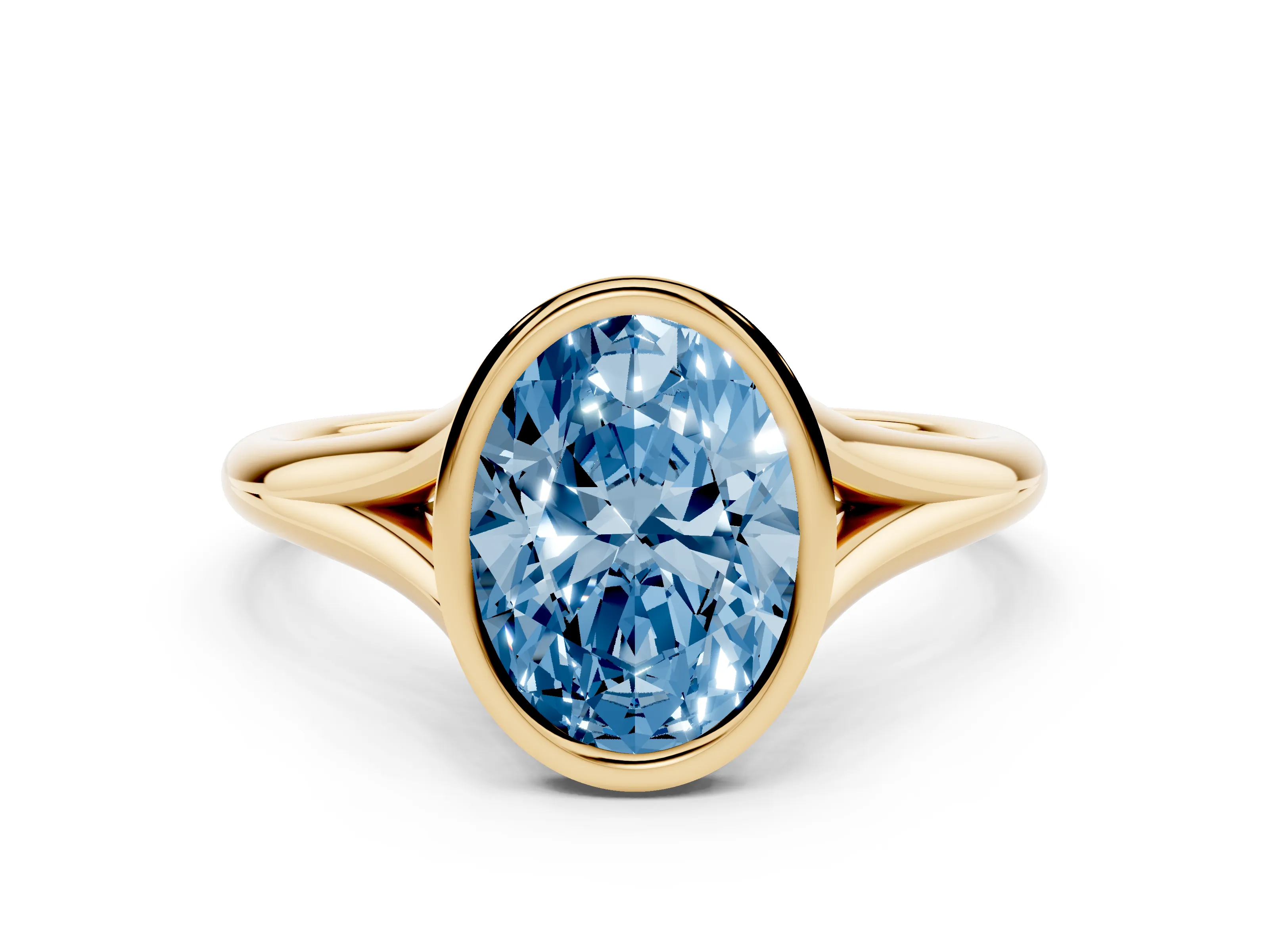 Fancy Blue Bezel Set Oval Cut Diamond Solitaire Ring Set in Yellow gold with Tapered Band