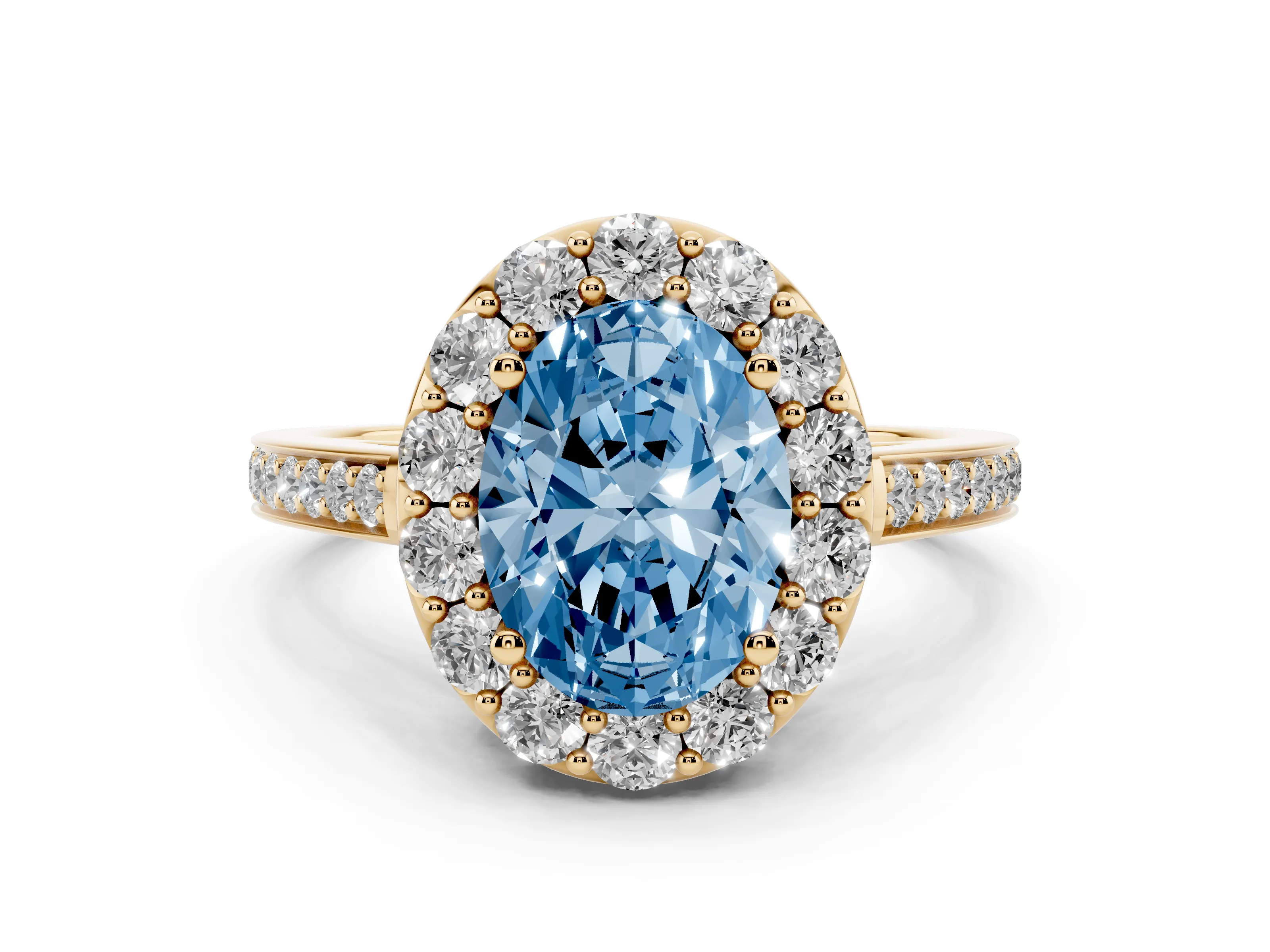 Fancy Blue Oval Cut Diamond Floral Halo Ring Set in Yellow gold with Pavé Band and Prong Setting